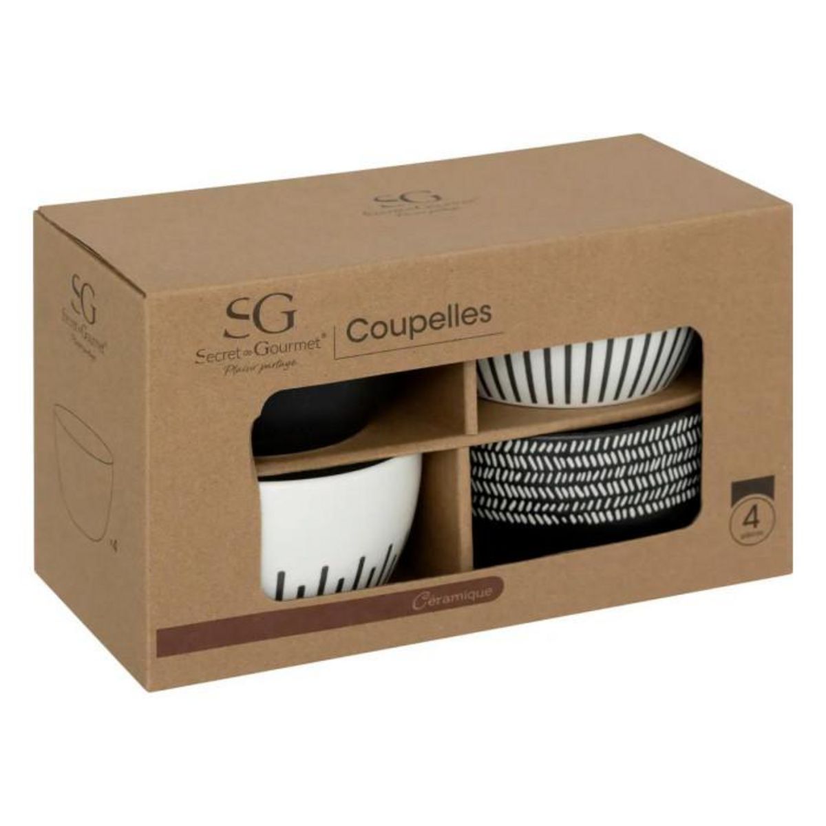 SECRET DE GOURMET Lot de 4 Coupelles en Céramique  Ethnique  10cm Noir & Blanc