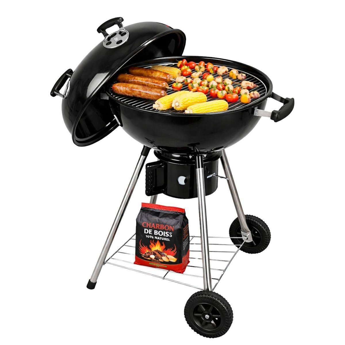 INTEC Barbecue à Charbon de Bois sur Trépied Ø57cm Grille Cuisson & Couvercle Thermostat Bac à cendres Barbecue rond 2 roues INTEC