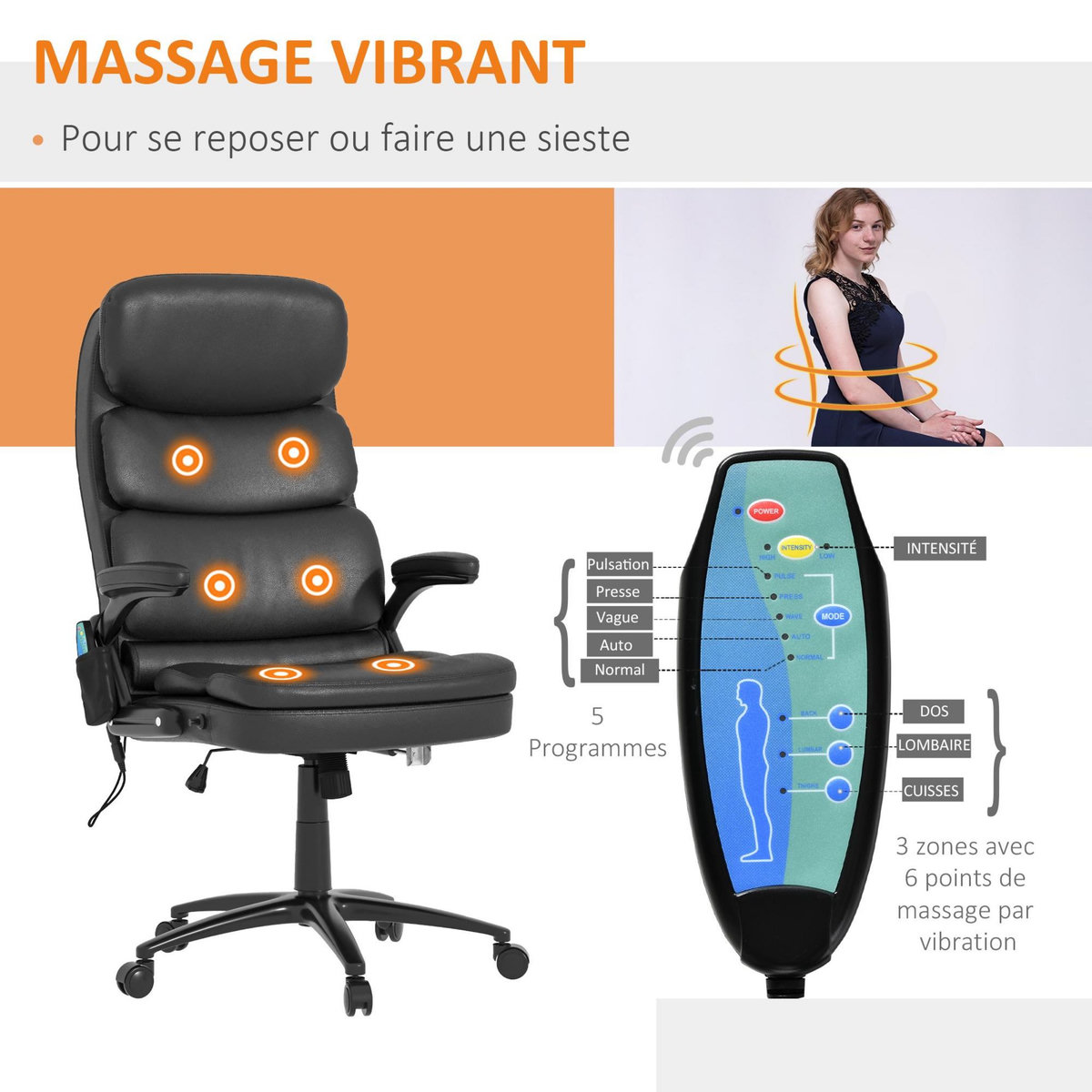 VINSETTO Vinsetto Fauteuil de bureau direction massant 6 points grand confort dossier inclinable hauteur réglable pivotant revêtement synthétique noir