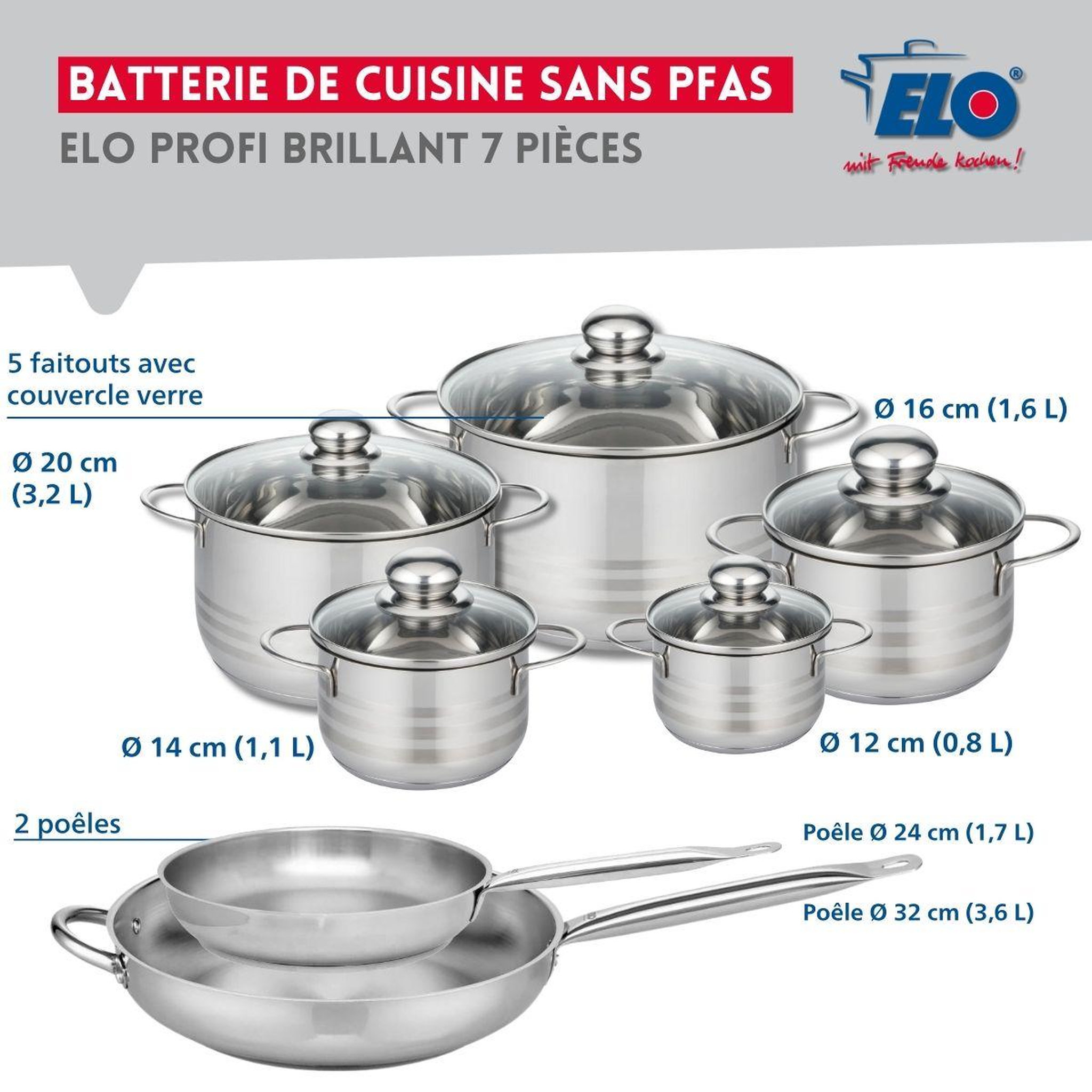 Voir la diapositive 2 : ELO Ensemble de 2 poêles de cuisson 24 et 32 cm et 5 faitouts 12, 14, 16, 20 et 24 cm elo profi brillant