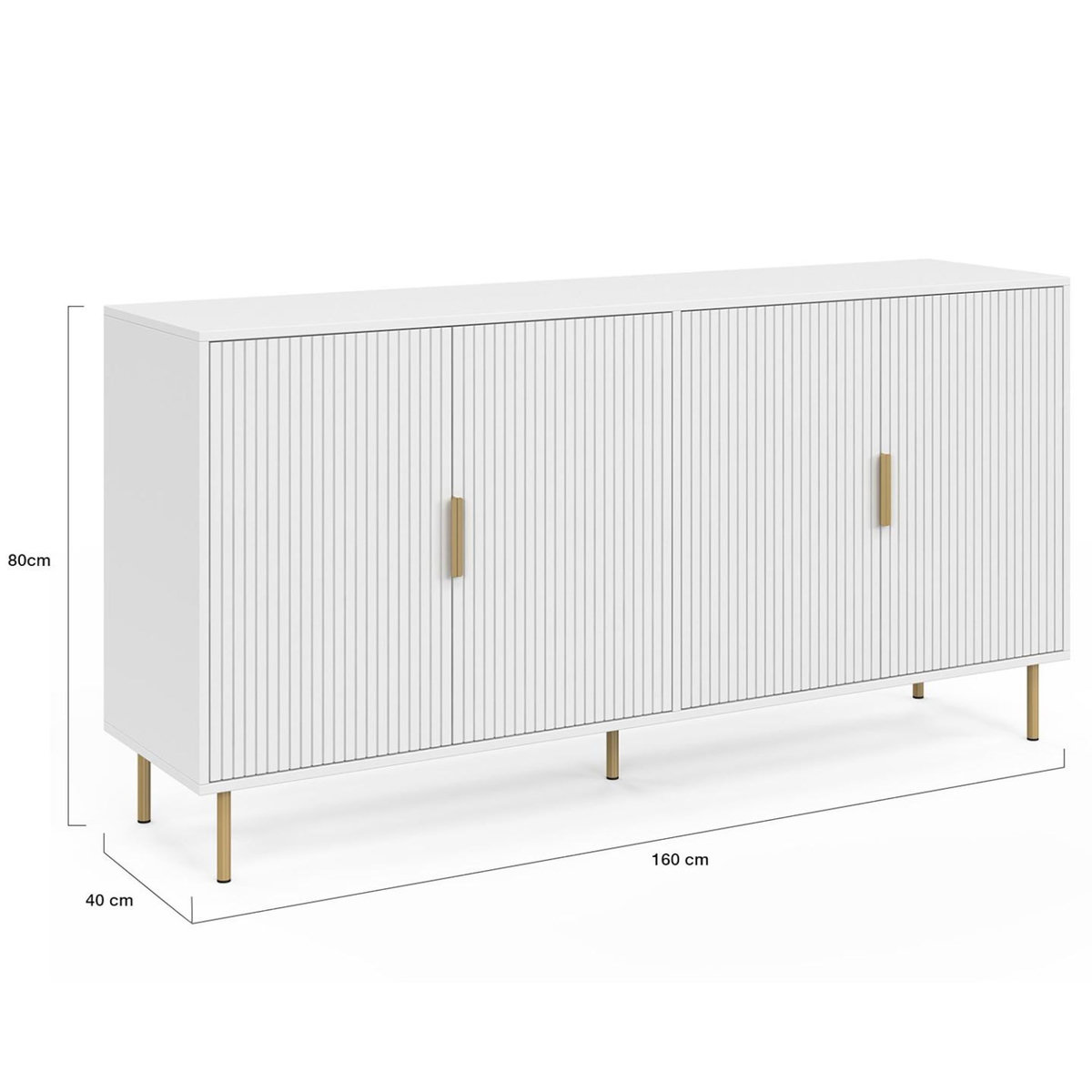 ID MARKET Buffet 160 cm MARCEL 4 portes blanc effet lattes et finitions dorées