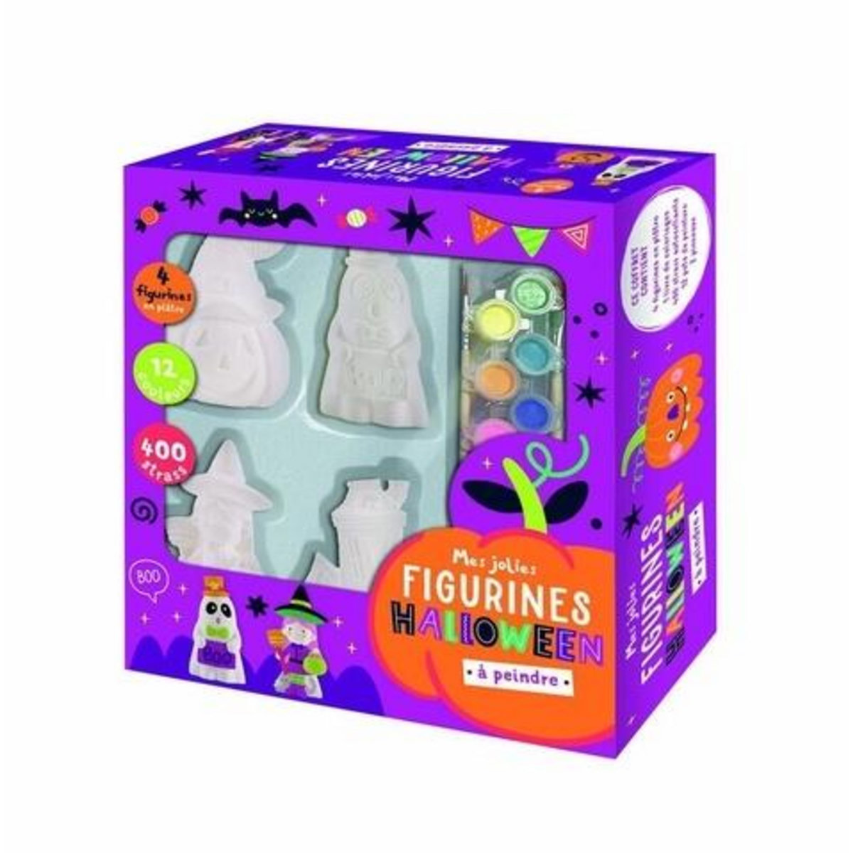 MES JOLIES FIGURINES HALLOWEEN A PEINDRE. COFFRET AVEC 4 FIGURINES EN PLATRE, 1 LIVRE DE COLORIAGE, 12 POTS DE PEINTURE, 400 STRASS, 2 PINCEAUX, L'atelier Cloro