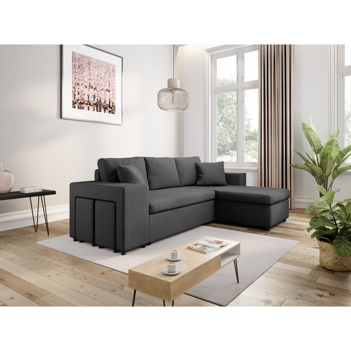 Canapé d'angle convertible avec coffre 3 places + 2 poufs à gauche et étagère à droite  MACHA