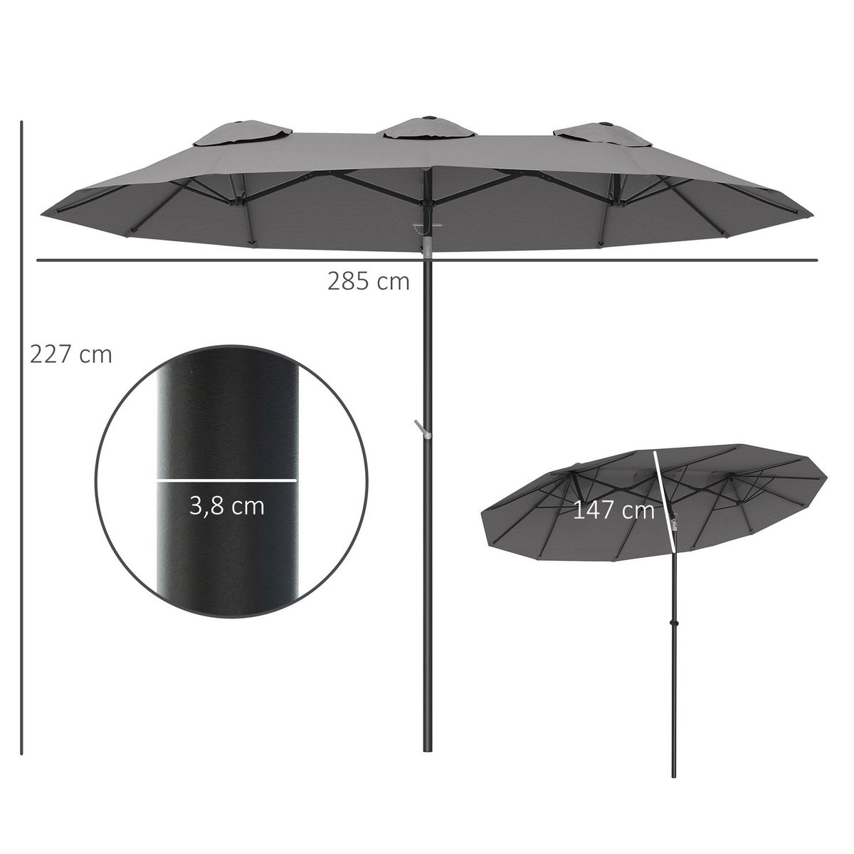 OUTSUNNY Parasol de jardin inclinable grande taille ouverture fermeture manivelle acier polyester haute densité gris