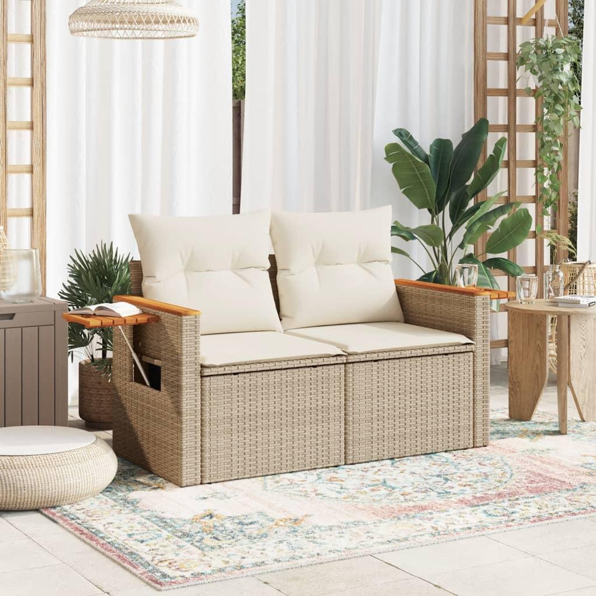 Voir la diapositive 3 : VIDAXL Canape de jardin avec coussins 2 places beige resine tressee