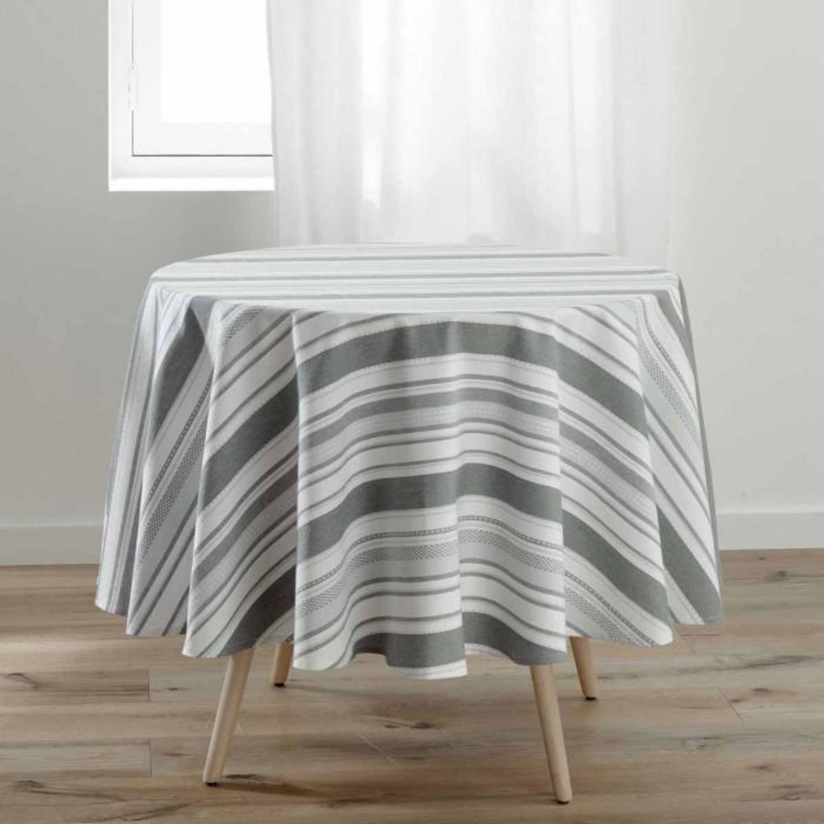 Paris Prix Nappe Ronde Imprimée  Santorin  180cm Gris & Blanc