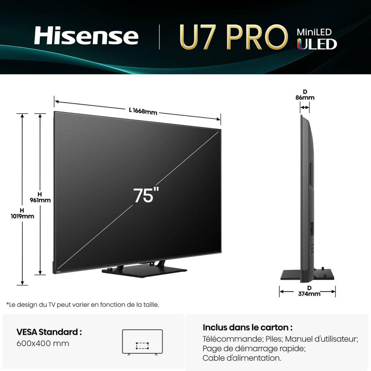 Hisense TV Mini Led 75U7Q PRO 2025 (189cm)