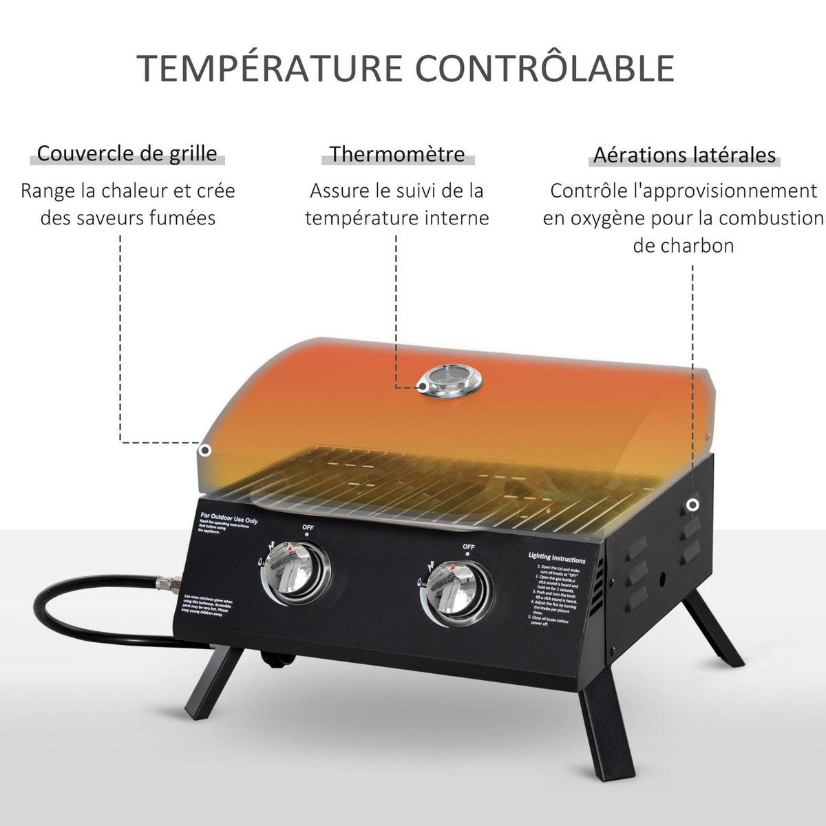 OUTSUNNY Barbecue gaz de table transportable pieds pliables - 2 brûleurs 5 kW - barbecue gaz de camping - grille de cuisson, réceptacle graisse, thermomètre - acier noir