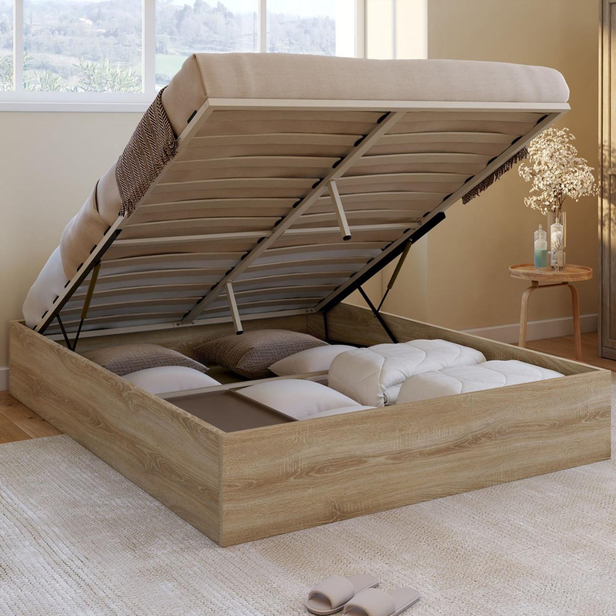 Voir la diapositive 2 : ID MARKET Lit coffre double sandside avec sommier 140 x 190 cm hêtre