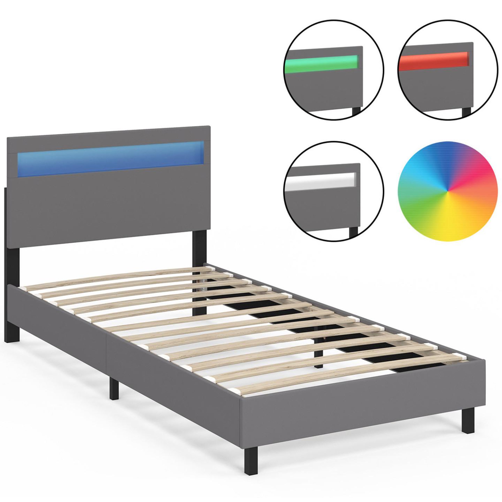 Voir la diapositive 3 : ID MARKET Lit simple neo avec tête de lit led intégrées et sommier 90 x 190 cm pvc gris