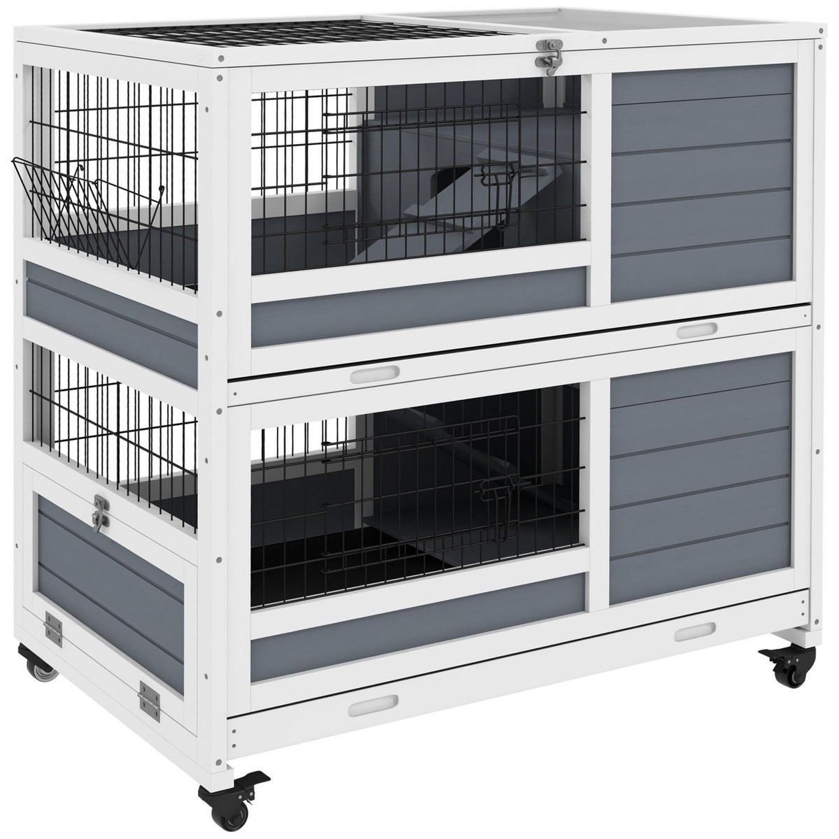 PAWHUT Clapier cage lapin sur roulettes - 2 niveaux, 2 plateaux, 3 portes, rampes - bois sapin gris blanc