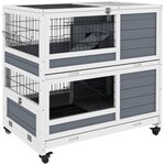 PAWHUT Clapier cage lapin sur roulettes - 2 niveaux, 2 plateaux, 3 portes, rampes - bois sapin gris blanc