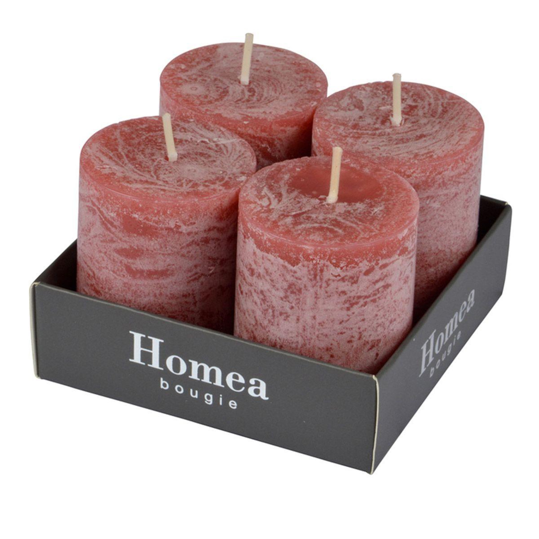 Voir la diapositive 2 : HOMEA Lot de 4 bougies pilier  rustique  5cm rose