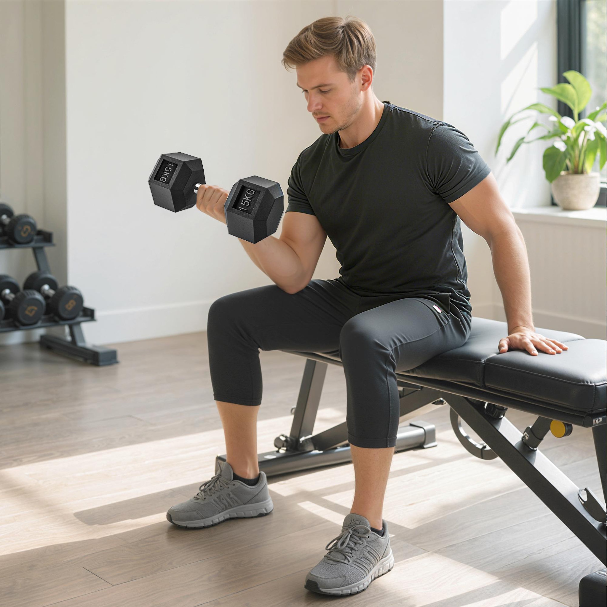 Voir la diapositive 2 : HOMCOM Haltère courte poids 15 kg - entraînement musculaire & haltérophilie - acier caoutchouc noir