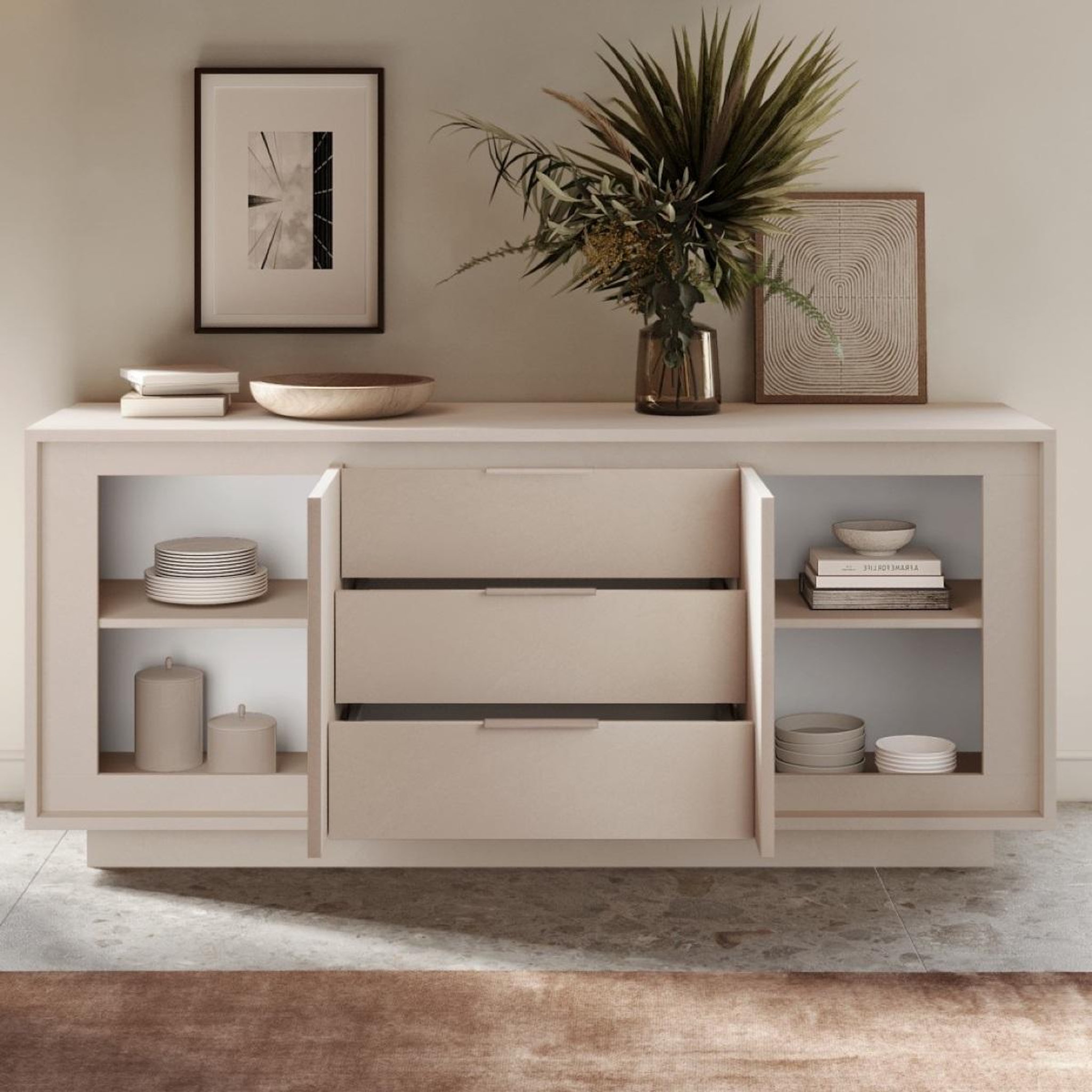 Voir la diapositive 4 : JLC KREATION Buffet bas design beige 2 portes-3 tiroirs 180cm yori