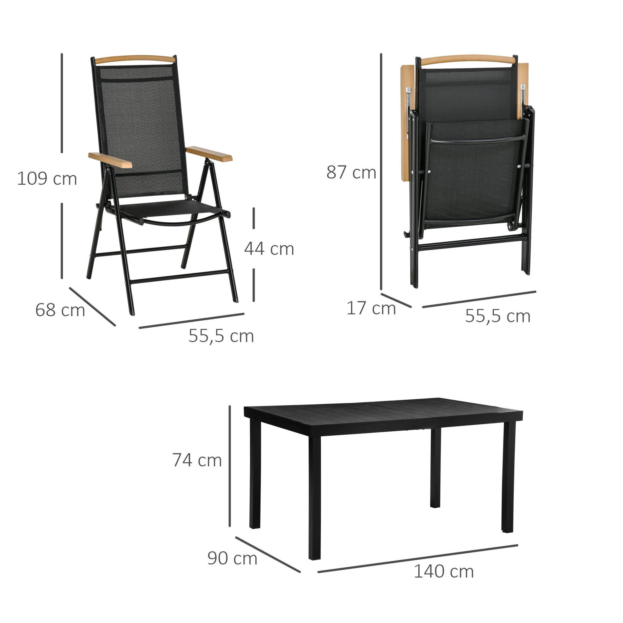 Voir la diapositive 3 : OUTSUNNY Ensemble table de jardin 6 personnes - chaises pliables inclinables accoudoirs - alu textilène noir plastique effet bois