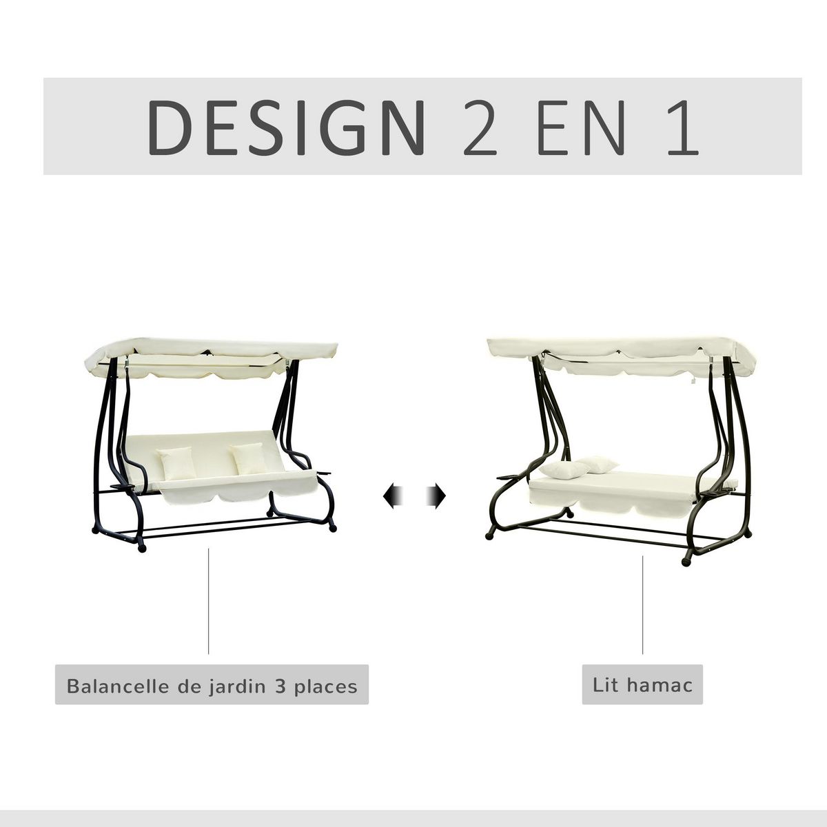OUTSUNNY Balancelle de jardin 3 places convertible toit inclinaison réglable 2 tablettes support acier époxy gris polyester crème