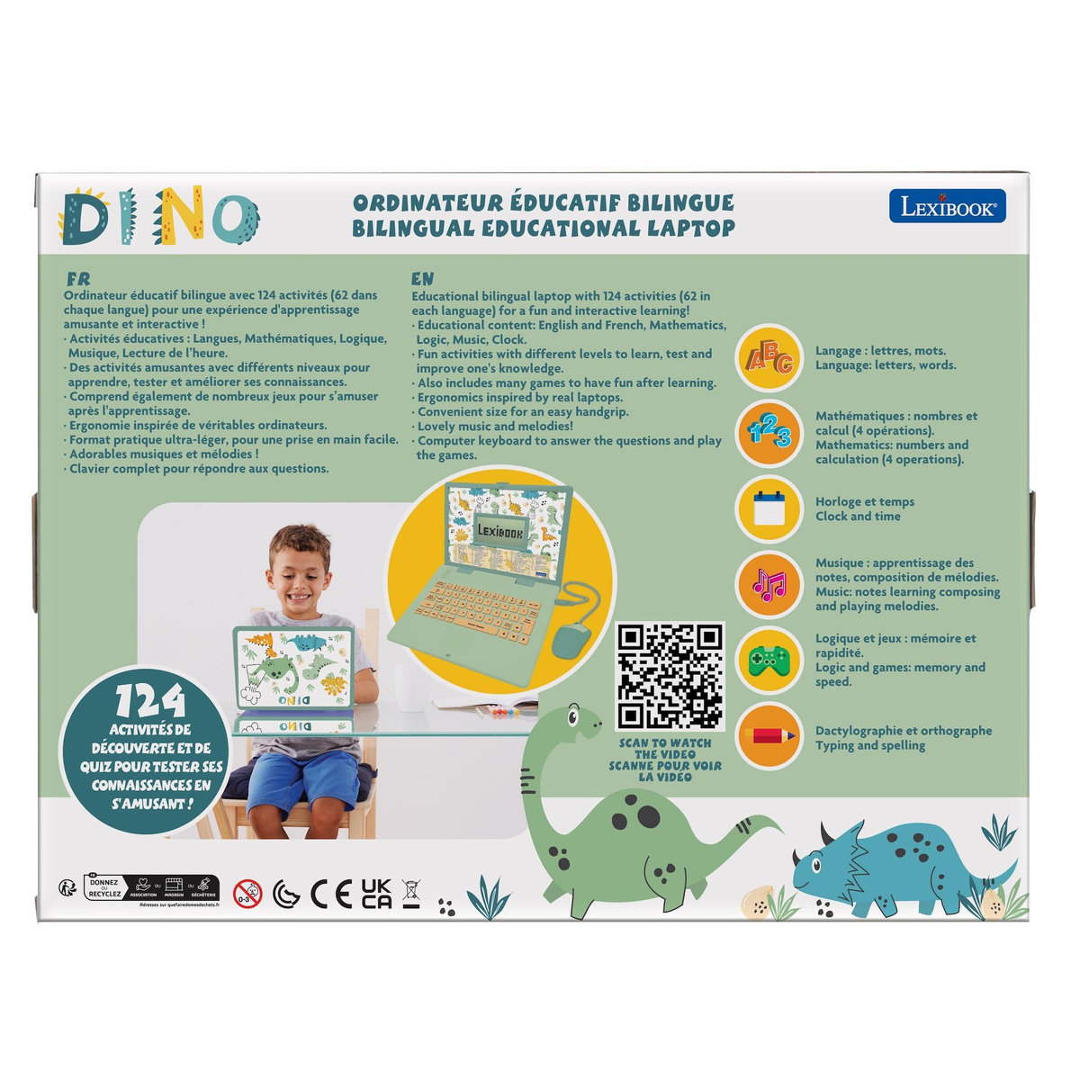 Lexibook Ordinateur éducatif bilingue dinosaure avec 124 activités (EN/FR)