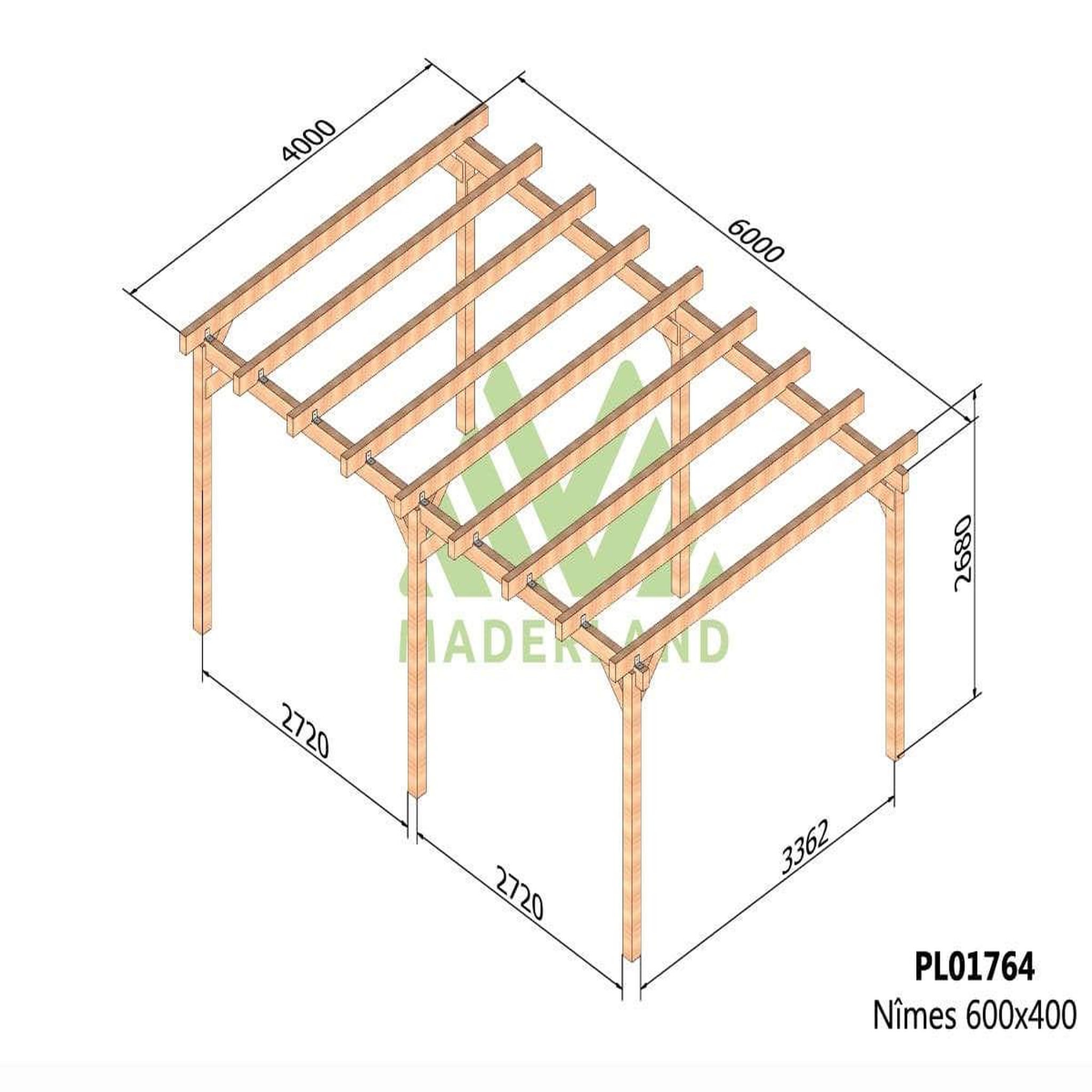 Voir la diapositive 2 : JARDIDECO Carport en bois lamellé-collé Nîmes 600 x 400 cm - Maderland