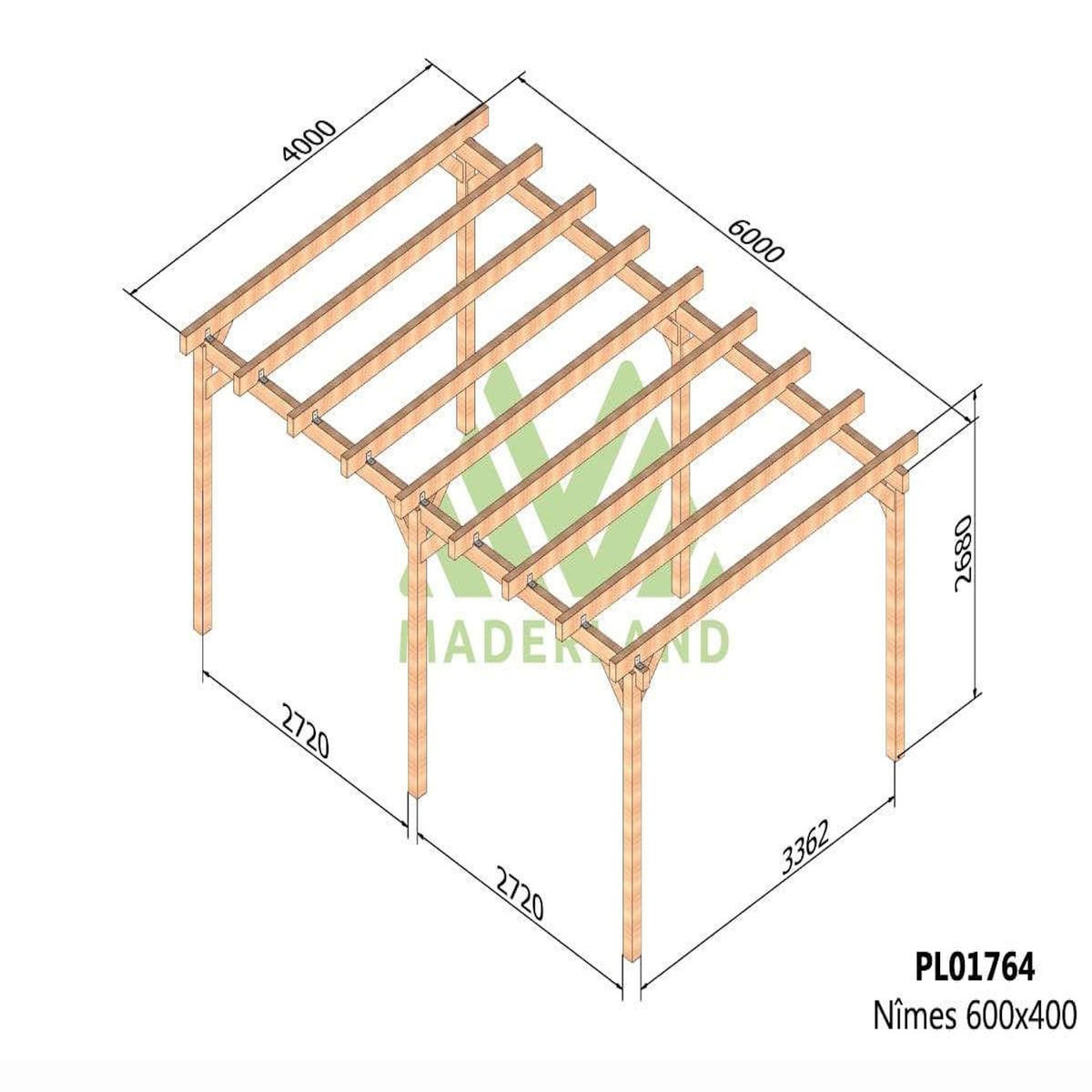 JARDIDECO Carport en bois lamellé-collé Nîmes 600 x 400 cm - Maderland