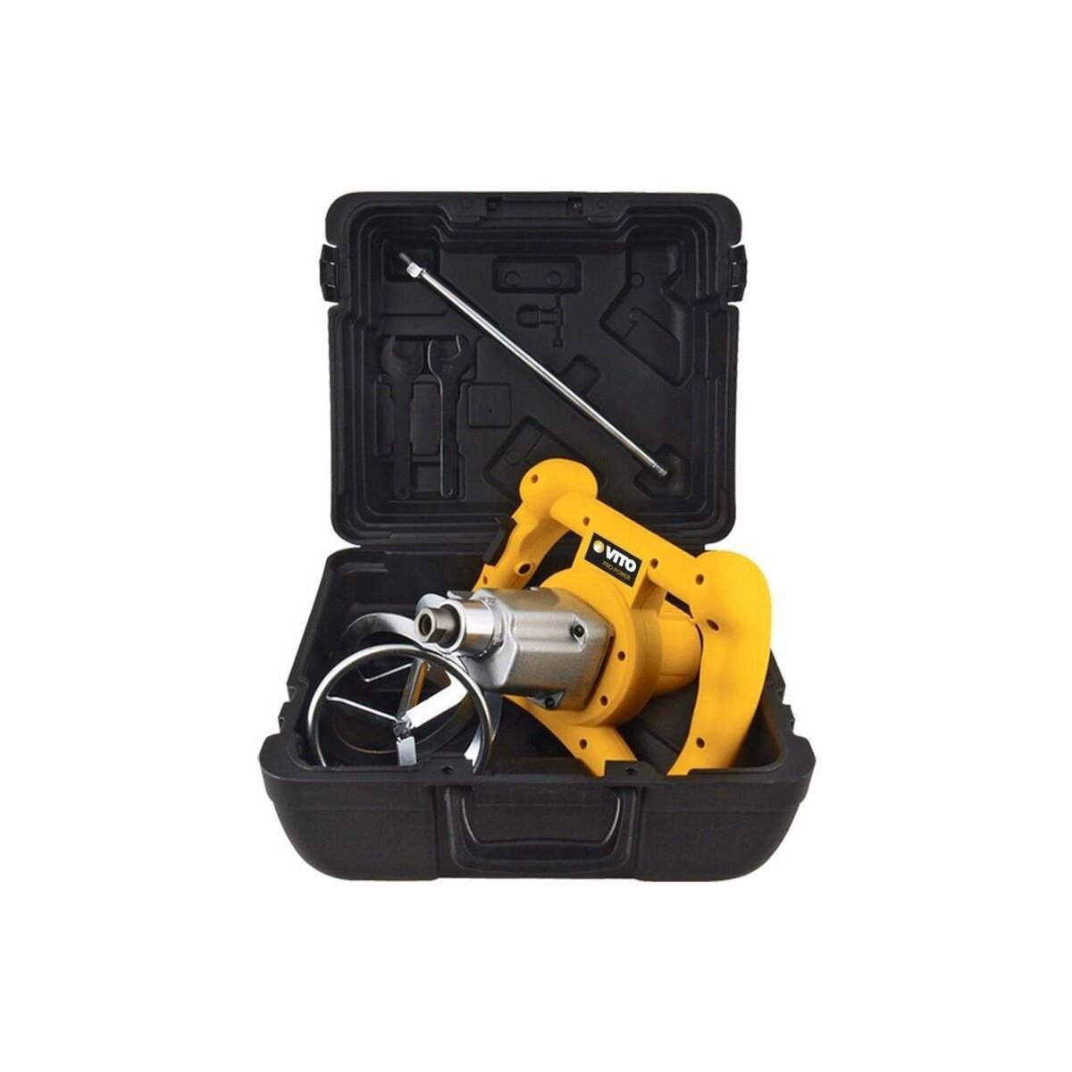 VITO Malaxeur de chantier 1400W Mélangeur à béton Tige 590mm Pale 140 mm Capacité 65L 2 vitesses Coffre de rangement VITO