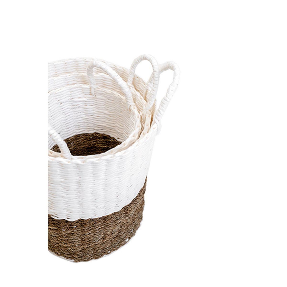 KB8 Lot de 3 Paniers bicolores en jonc et papier tressés - Beige et Blanc