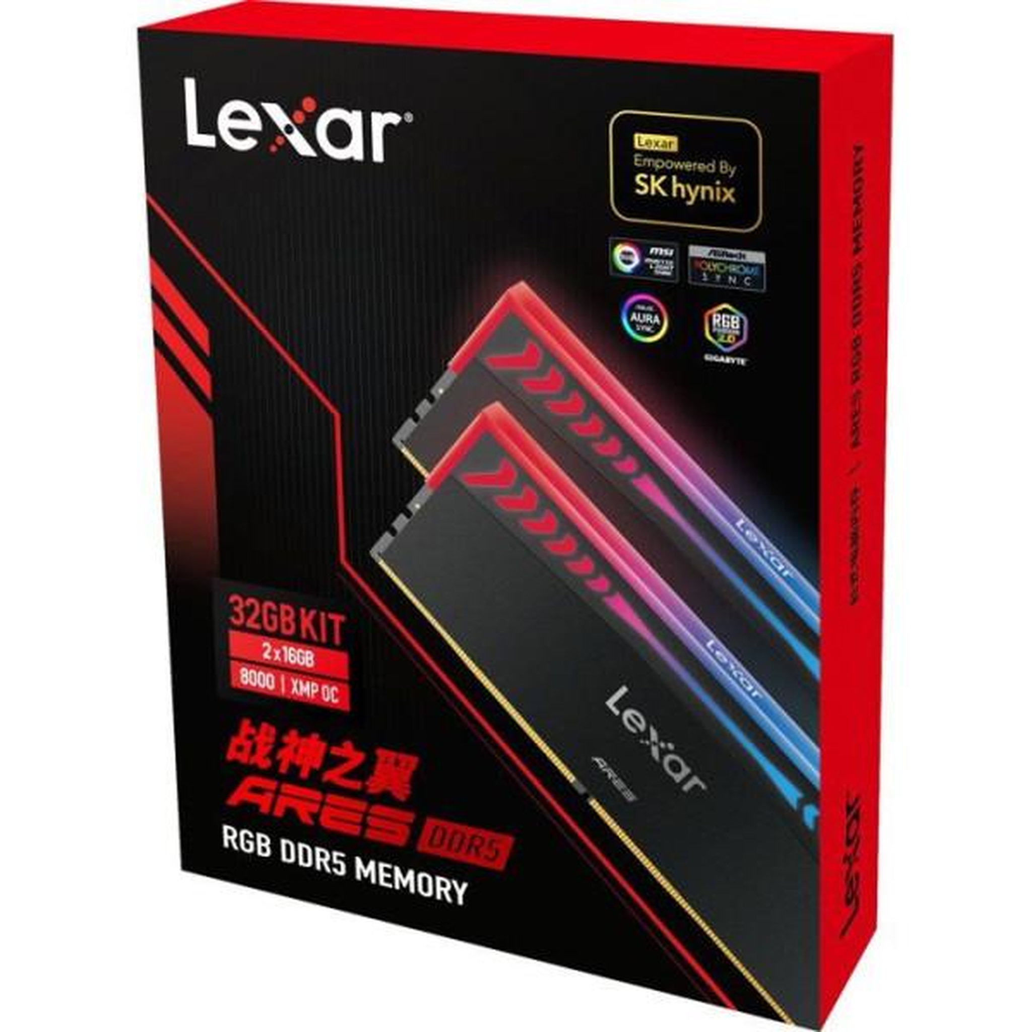 Voir la diapositive 4 : Lexar Barrette Mémoire - LEXAR Ares - DDR5 8000 - CL38 1.45 V - 32 Go (2x 16 Go) - Dissipateur thermique + RGB - Noir