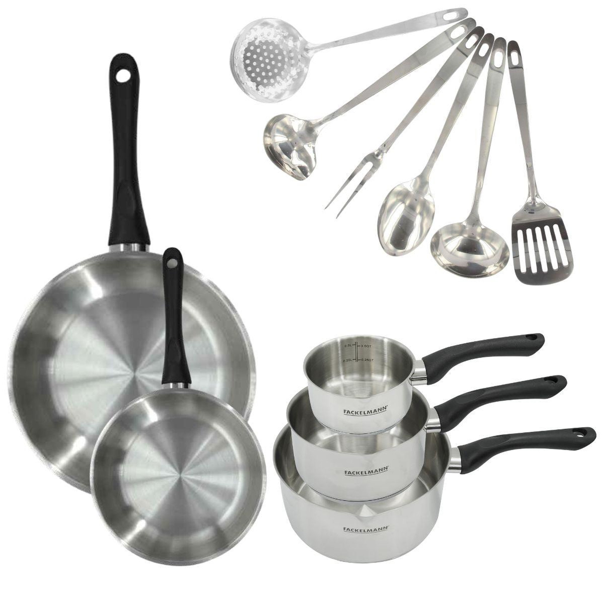 Fackelmann Set 2 poêles 20 et 28 cm, 3 casseroles en inox et 6 ustensiles inox fackelmann geneva