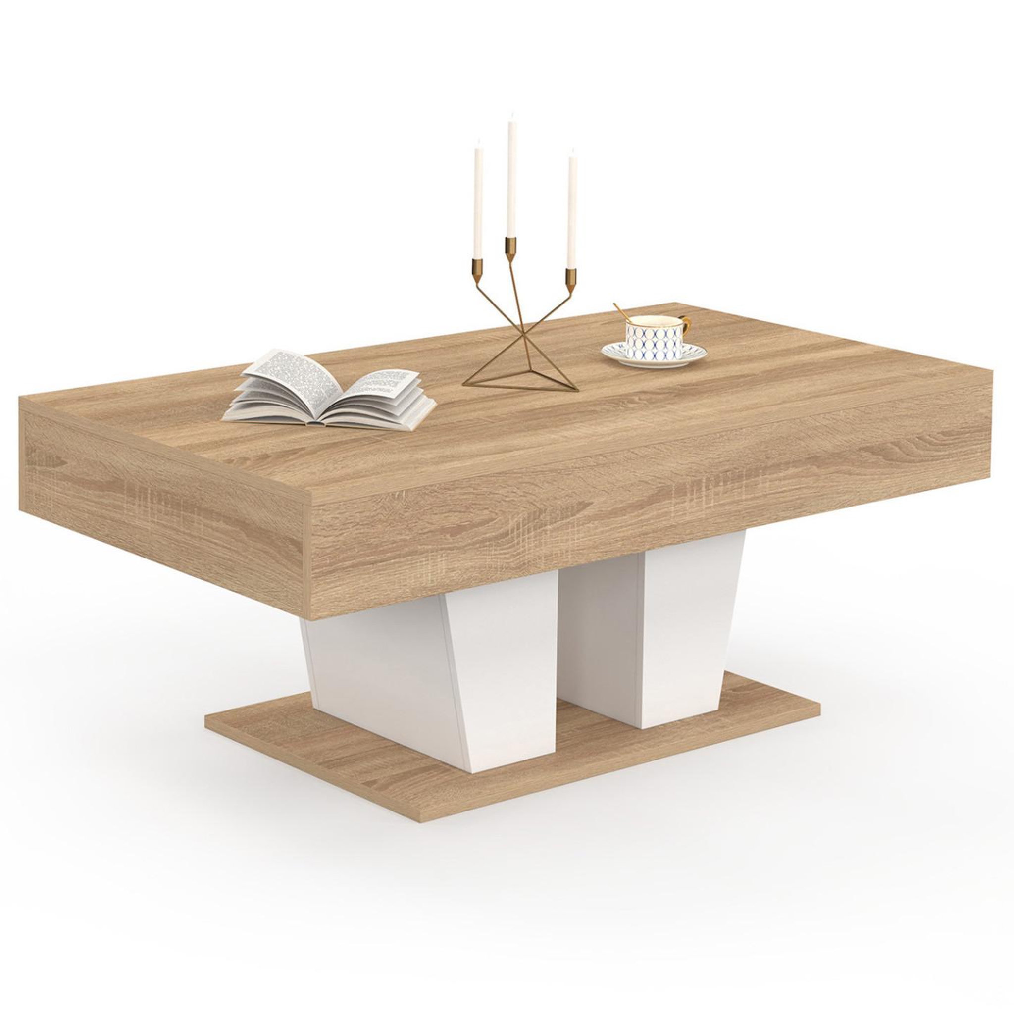 Voir la diapositive 4 : ID MARKET Table basse plateau relevable rectangulaire eliad bois et blanc