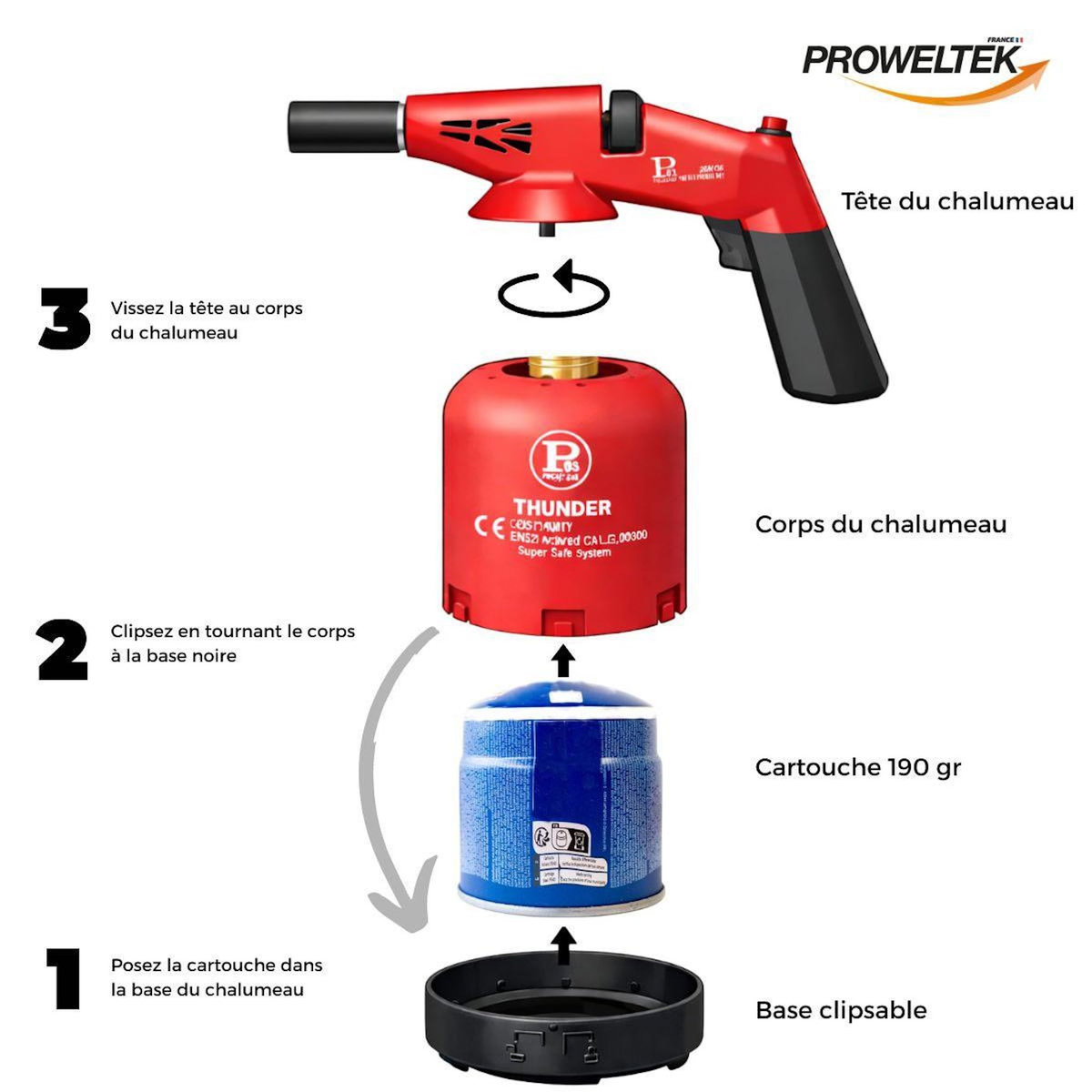 Proweltek Lampe à souder à gaz 1760W + 8 Cartouches gaz Utilisation à 360°- Chalumeau à gaz Allumage électronique à batterie PROWELTEK