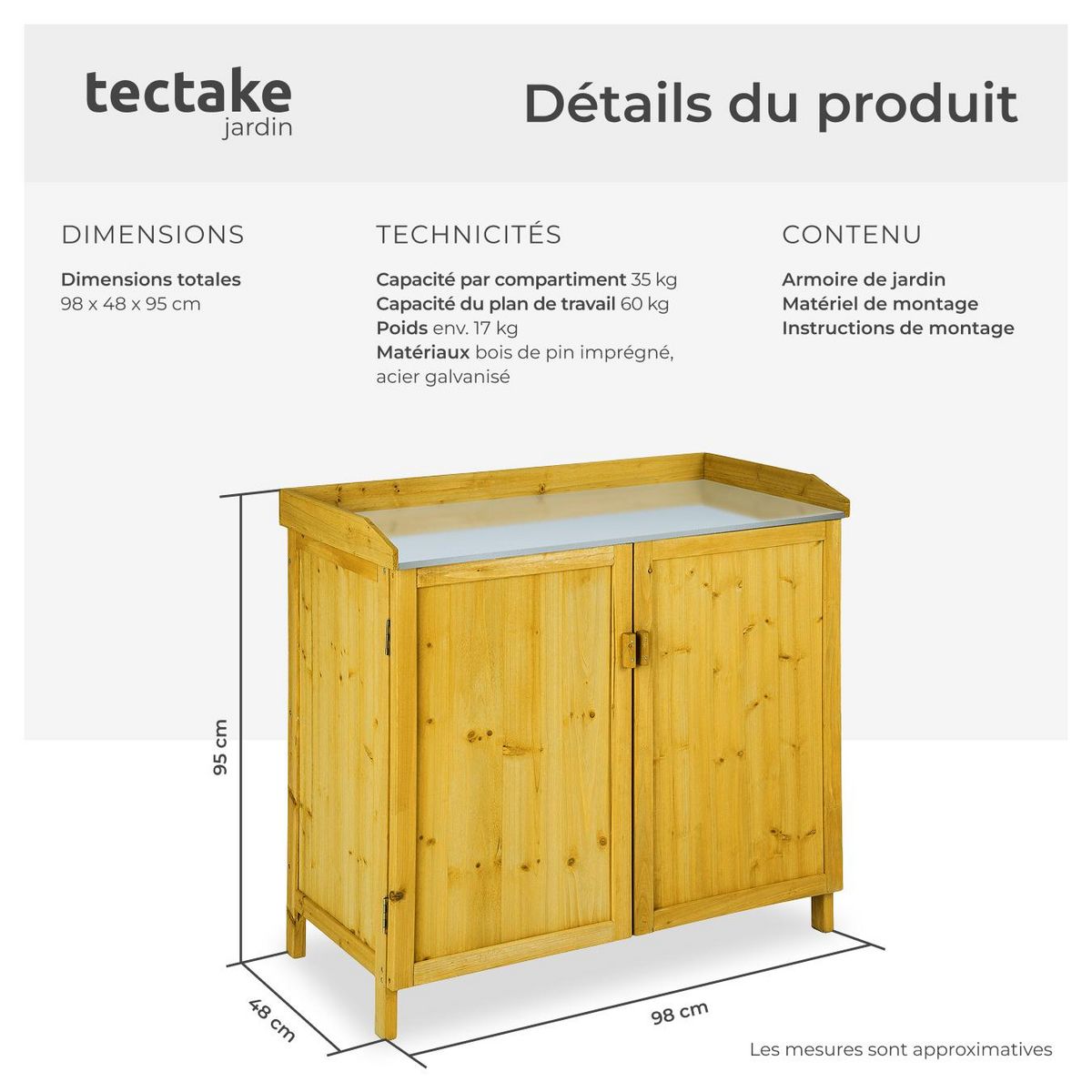 tectake Armoire de jardin basse table de jardinage en bois de pin imprégné marron