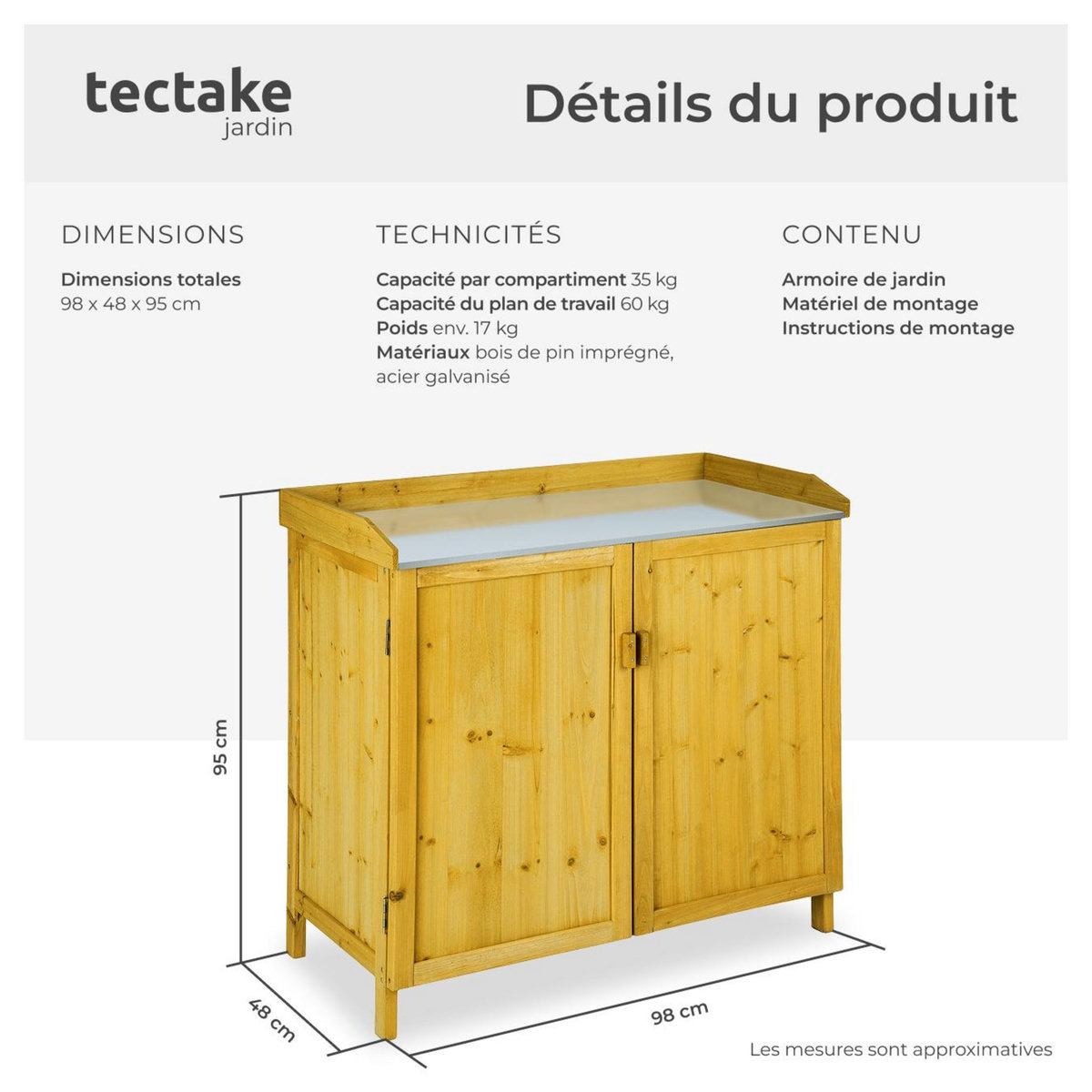 tectake Armoire de jardin basse table de jardinage en bois de pin imprégné marron
