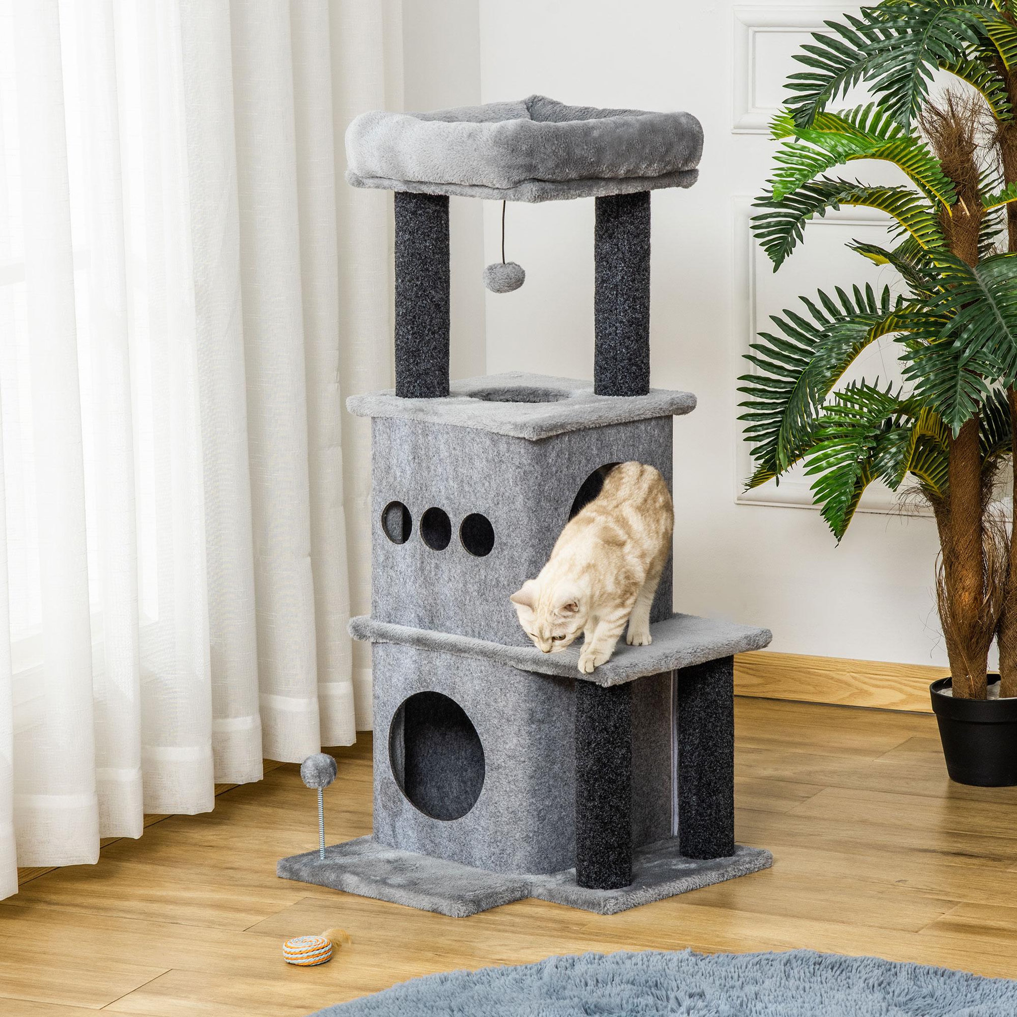 Voir la diapositive 2 : PAWHUT Arbre à chat centre d'activités griffoirs jeu boule suspendue et à ressort 2 niches housses amovibles plateformes gris