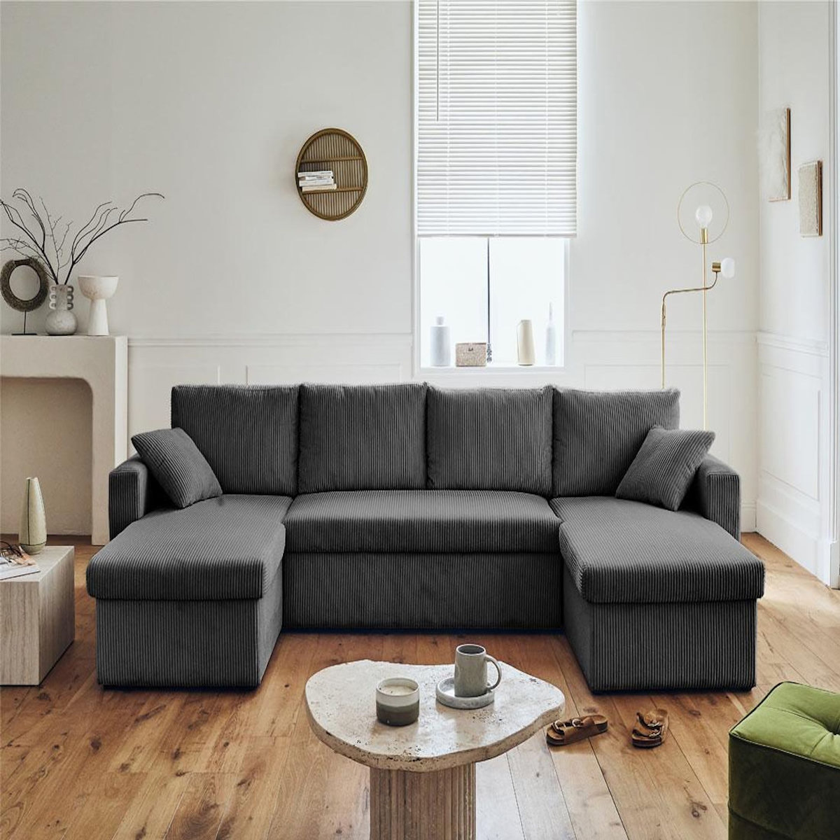 BEST MOBILIER Cyrus - canapé panoramique en u - 7 places - convertible avec coffre - en velours côtelé