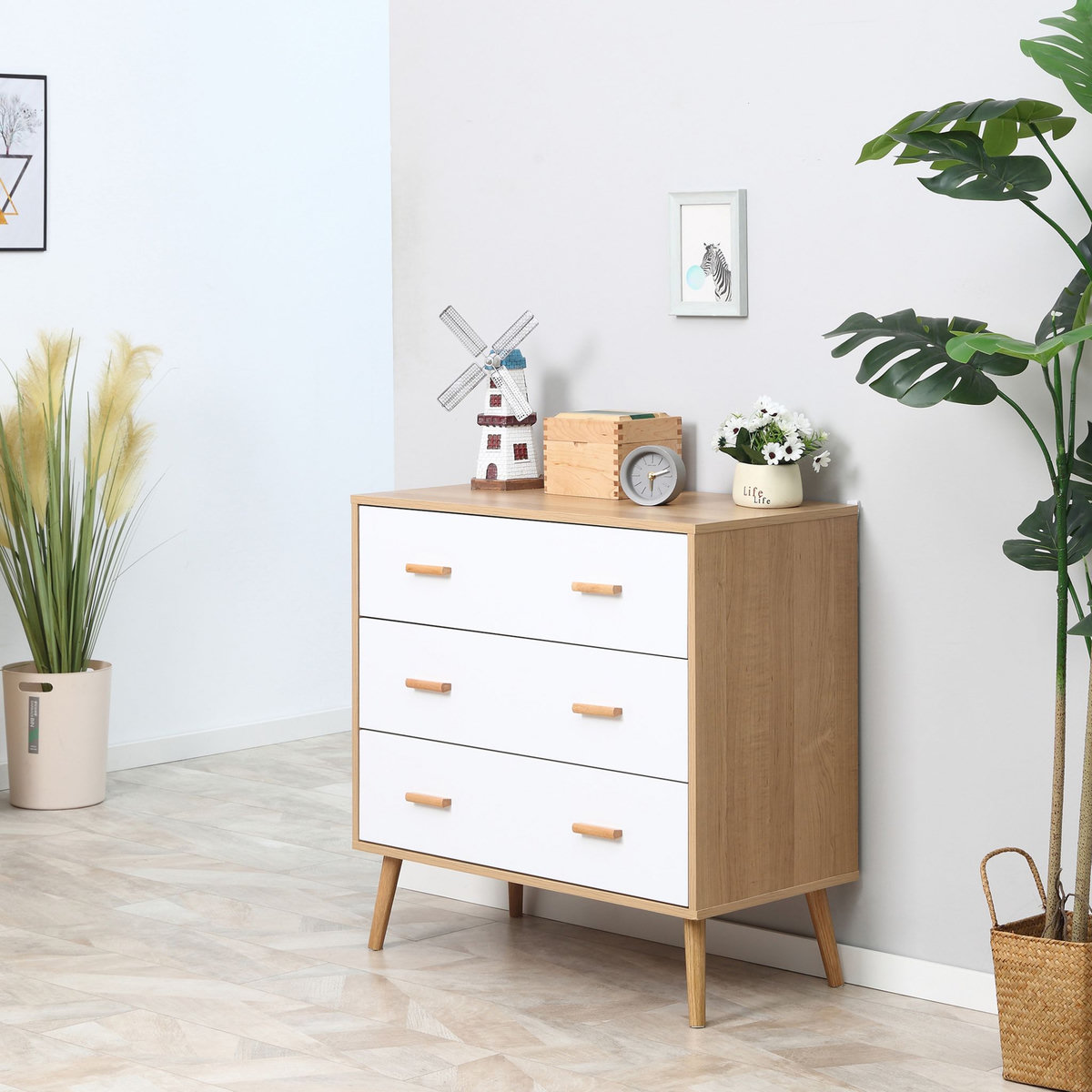 HOMCOM Commode design scandinave sur pieds 3 tiroirs coulissants pieds effilés inclinés panneaux particules blanc aspect bois clair
