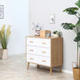 Voir la diapositive 4 : HOMCOM Commode design scandinave sur pieds 3 tiroirs coulissants pieds effilés inclinés panneaux particules blanc aspect bois clair