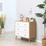 Voir la diapositive 4 : HOMCOM Commode design scandinave sur pieds 3 tiroirs coulissants pieds effilés inclinés panneaux particules blanc aspect bois clair