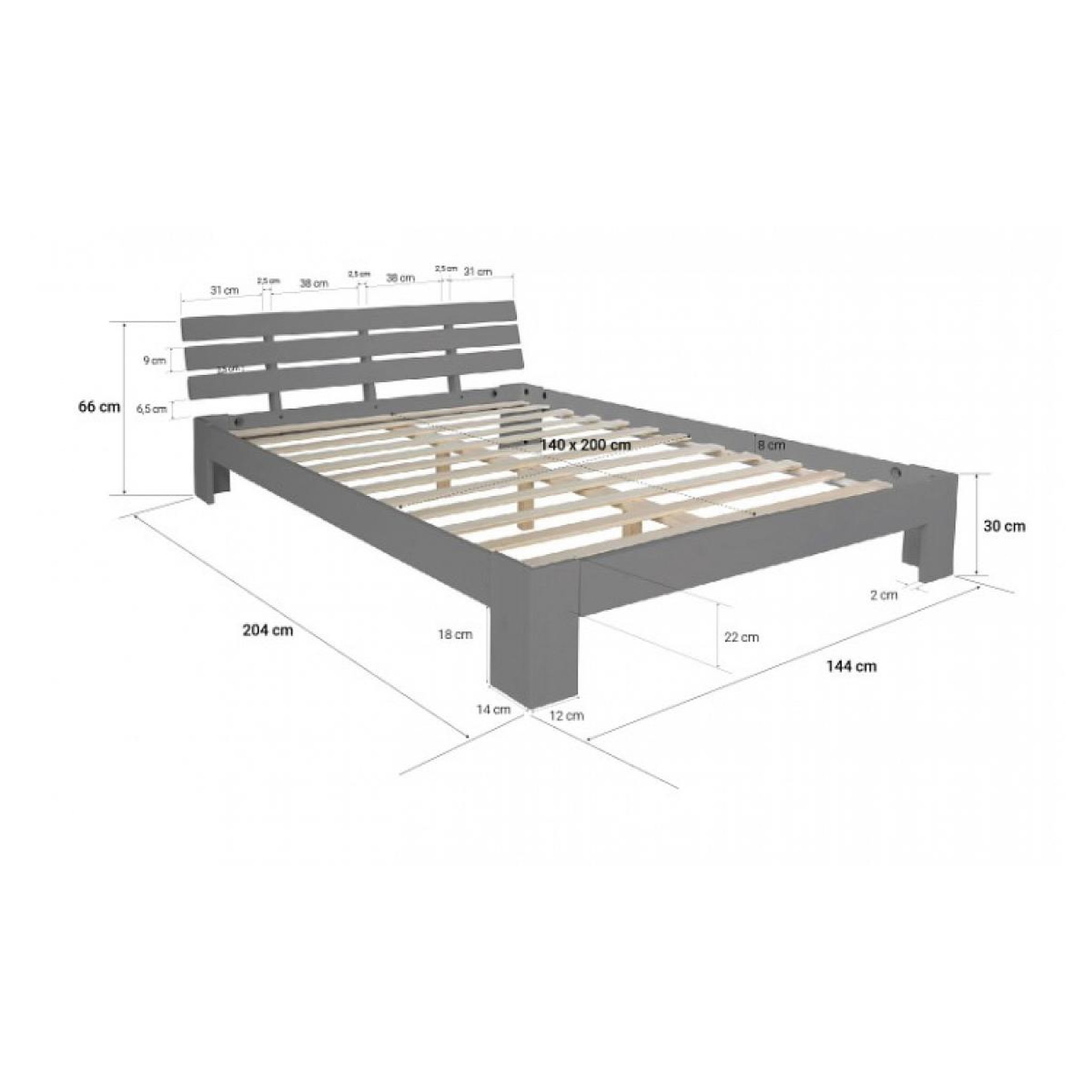Voir la diapositive 2 : HomeStyle4U Lit double lit en bois futon lit 140x200 lit pin gris cadre de lit en bois massif