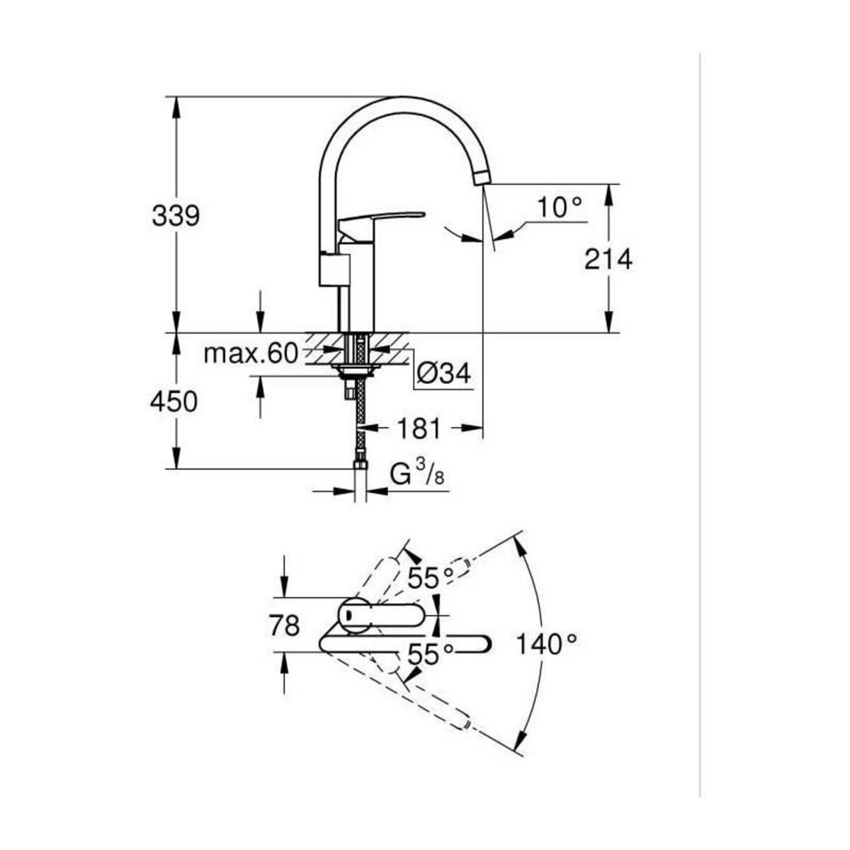 Grohe Robinet de cuisine - Chromé - Bec Haut - GROHE Wave Cosmopolitain - 32449001