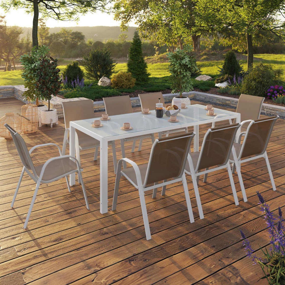 ID MARKET Salon de jardin MADRID table 190 cm et 8 chaises empilables blanc et beige