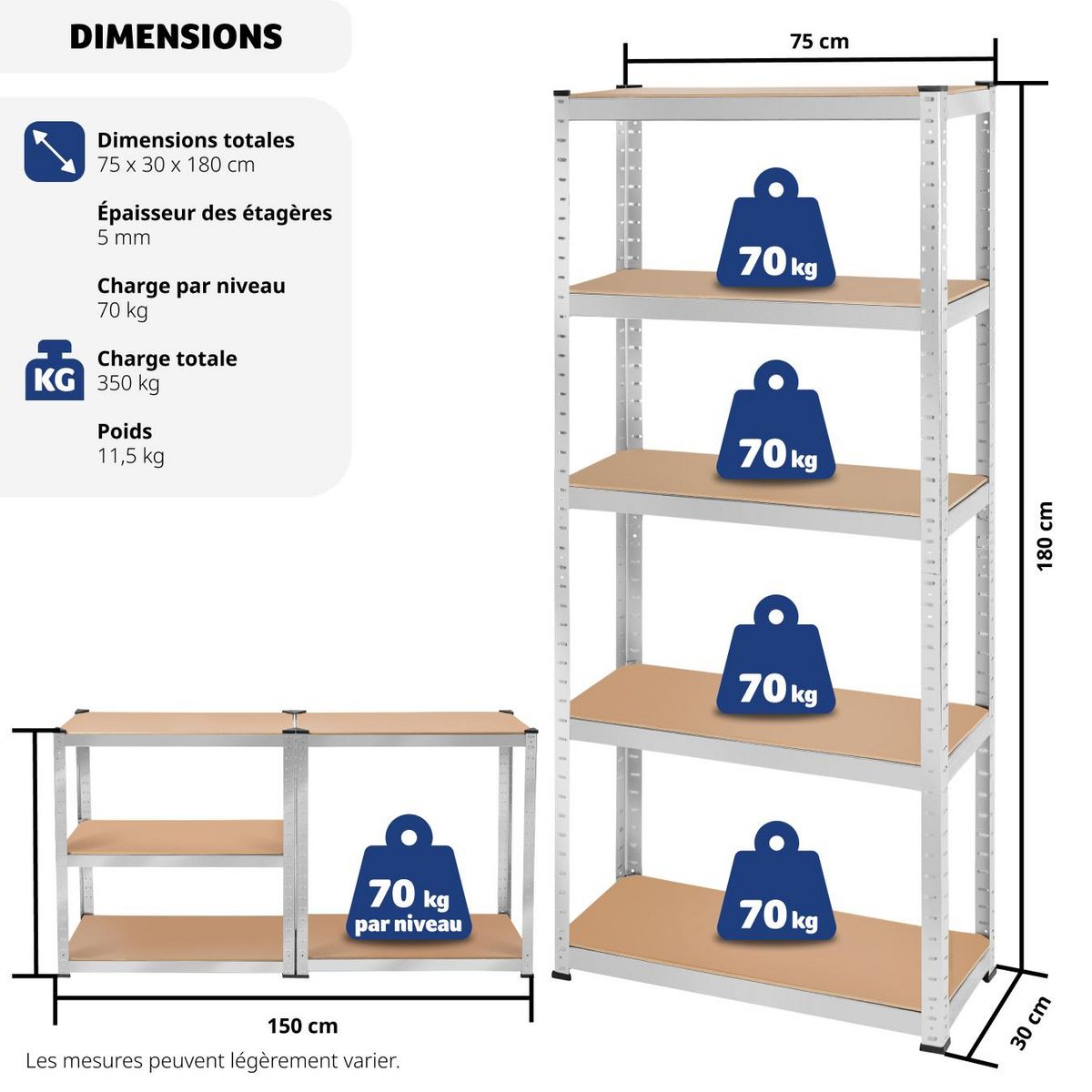 tectake Étagère pour charges lourdes structure en acier galvanisé argent 180 x 75 x 30 cm, 350 kg