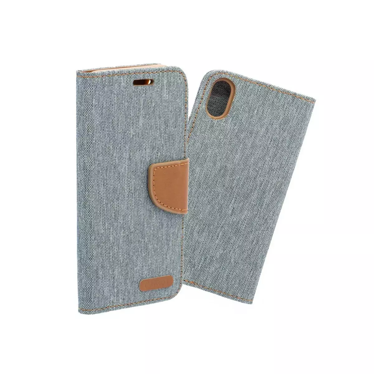 amahousse Housse tissu gris-beige iPhone X / XS folio languette aimantée