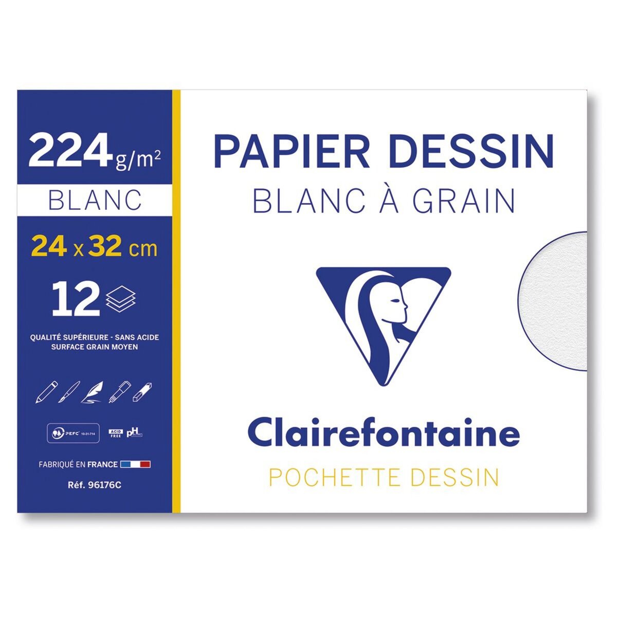 CLAIREFONTAINE Pochette papier à dessin 12 feuilles 24x32cm 224g/m2 blanc