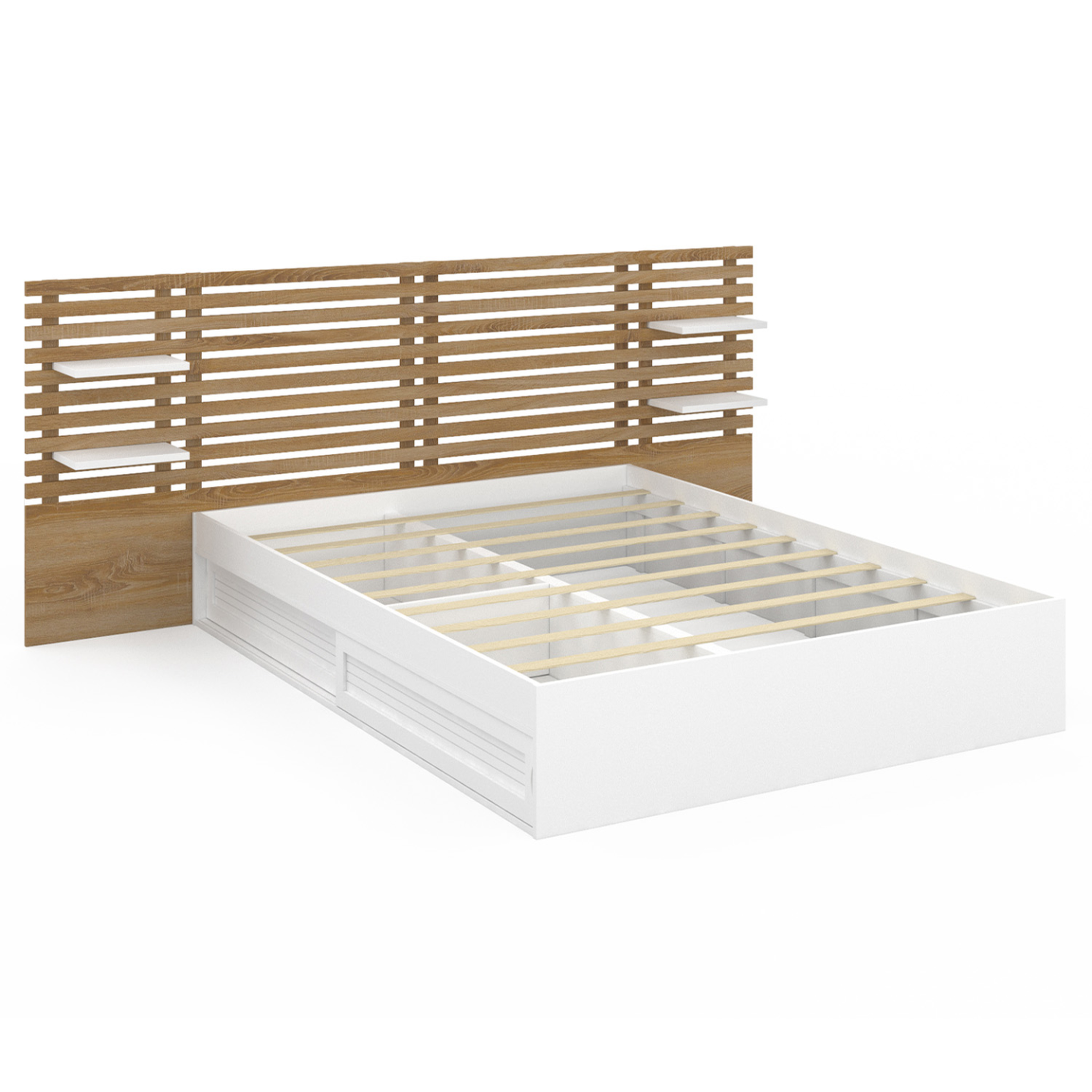 Voir la diapositive 3 : ID MARKET Lit double savana avec tête de lit, chevets, rangements et sommier 140 x 190 cm blanc et façon hêtre