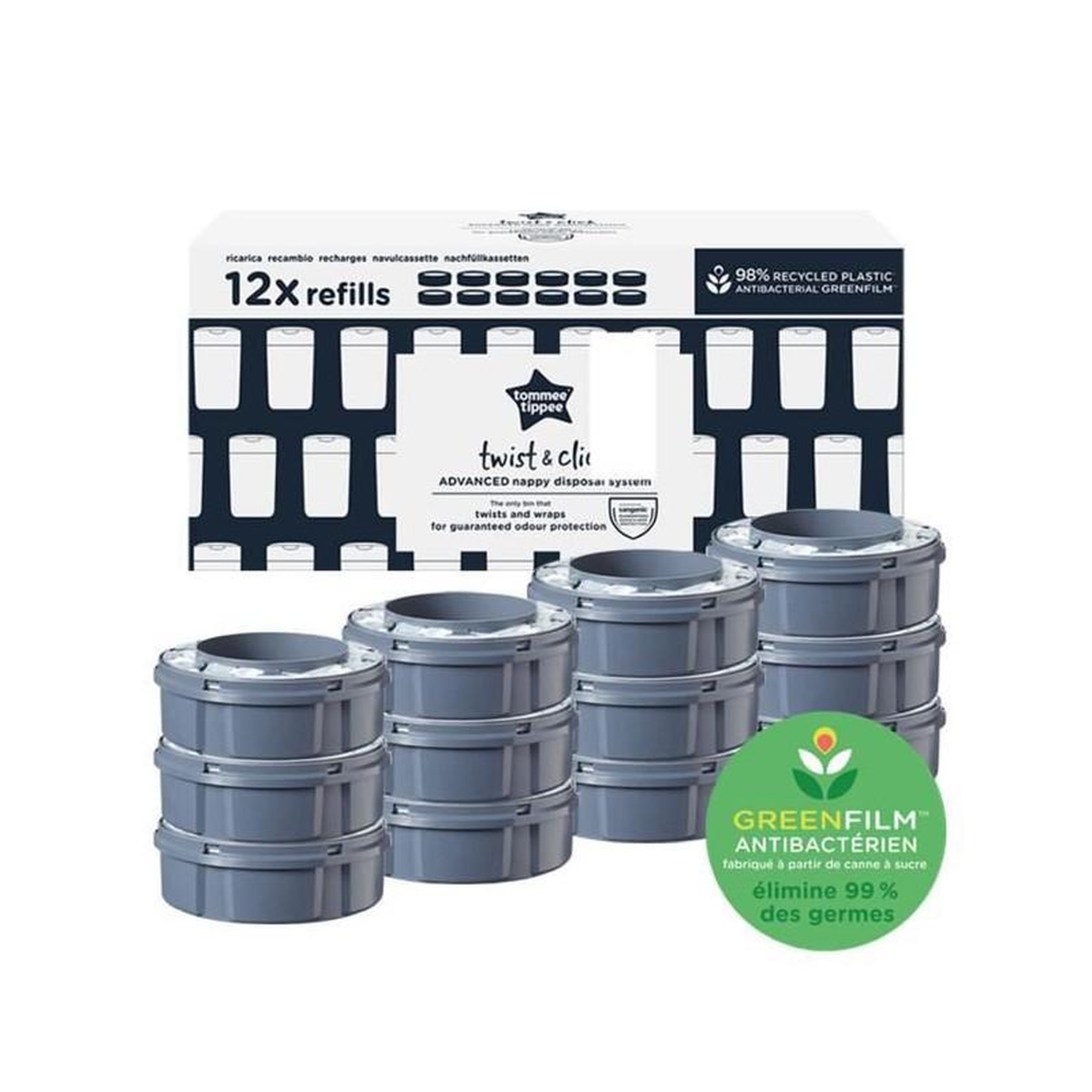Voir la diapositive 2 : TOMMEE TIPPEE TOMMEE TIPPEE Recharges Poubelle a Couches Twist + Click avec GREENFILM Antibacterien dOrigine Durable, Lot de 12