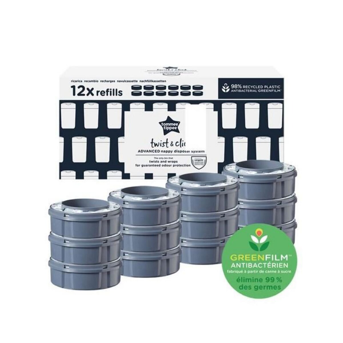 TOMMEE TIPPEE TOMMEE TIPPEE Recharges Poubelle a Couches Twist + Click avec GREENFILM Antibacterien dOrigine Durable, Lot de 12