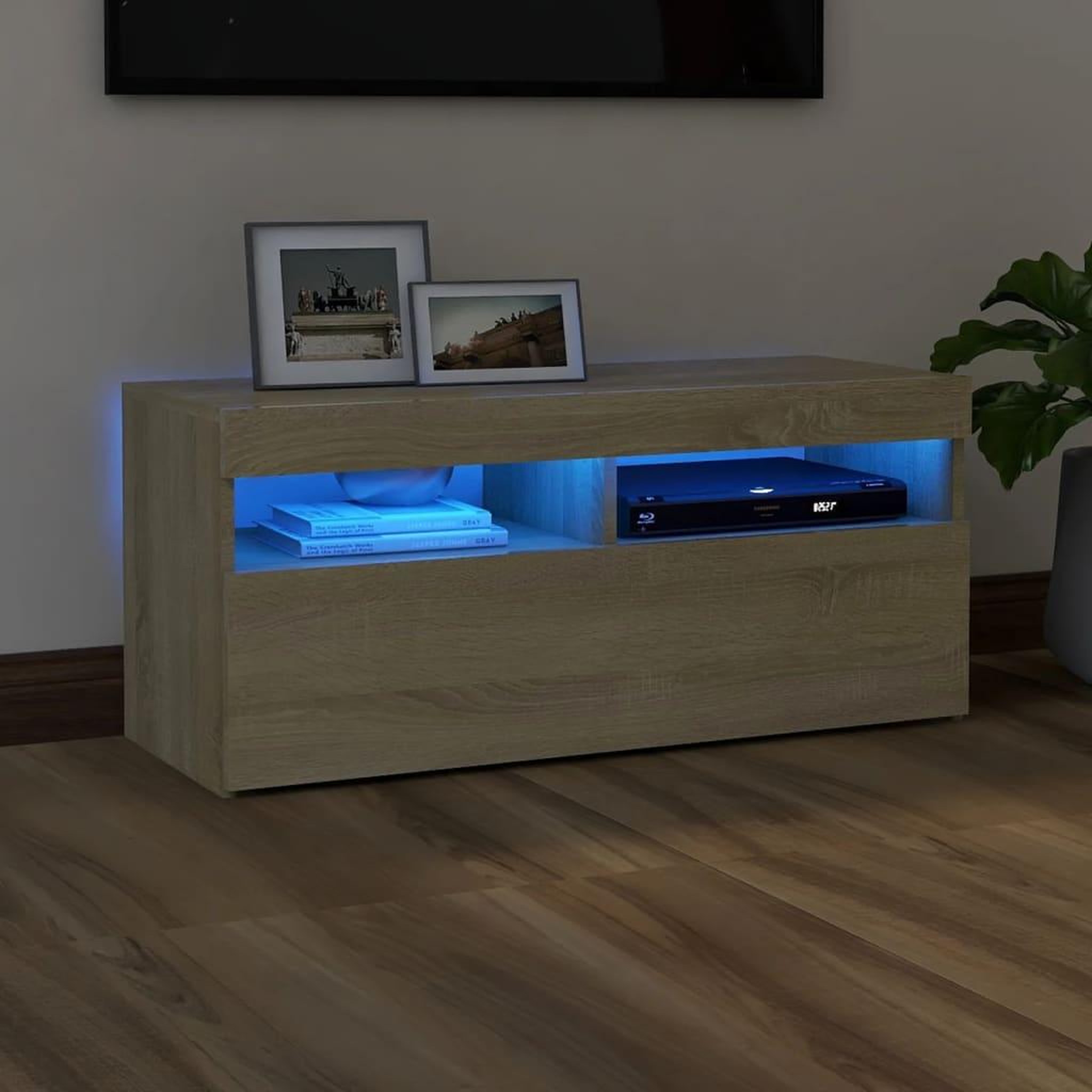 Voir la diapositive 1 : VIDAXL Meuble TV avec lumieres LED chene sonoma 90x35x40 cm