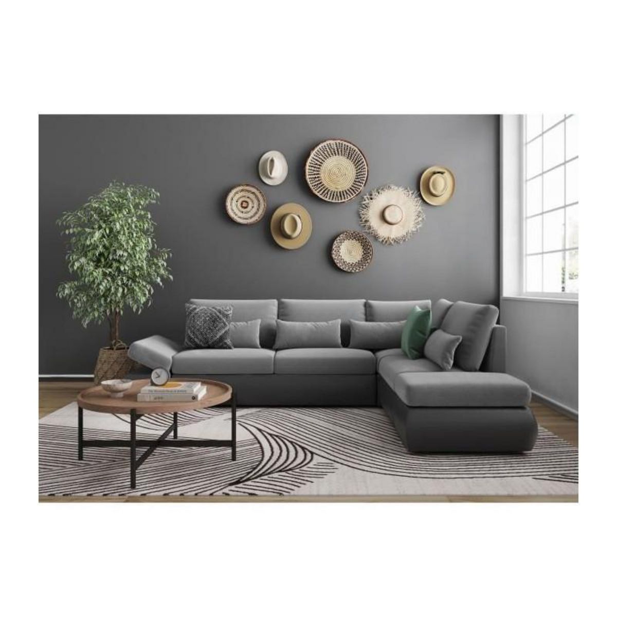 LOUNGITUDE Canapé d'angle réversible convertible SEVARA 4 places - PU et tissu Gris - Coffre de rangement - L267 x P200 x H90 cm