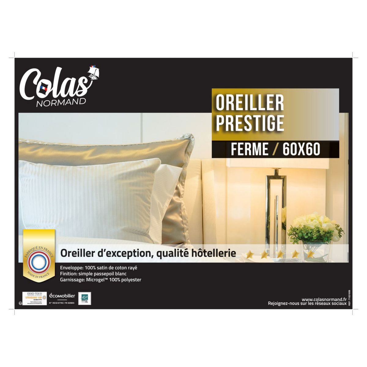 COLAS NORMAND Oreiller confort ferme en satin de coton PRESTIGE 