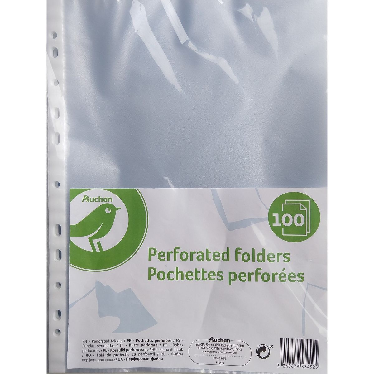 POUCE Lot de 100 pochettes perforées A4 grainé incolore